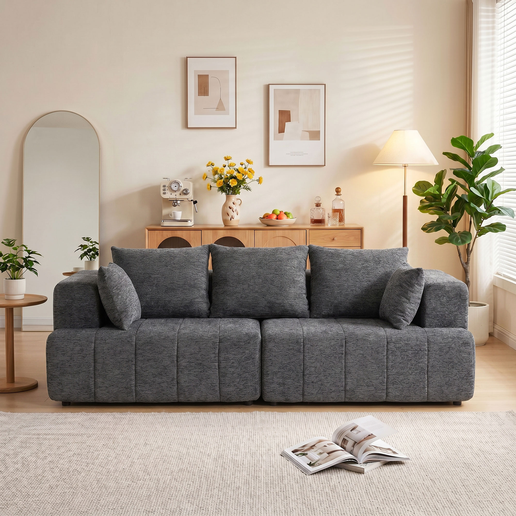 3-Sitzer-Sofa, Cloud-Sofa aus Chenille mit dicker Federkernpolsterung, breiter und tiefer Sitzfläche, breiten Armlehnen, Kissen, grau