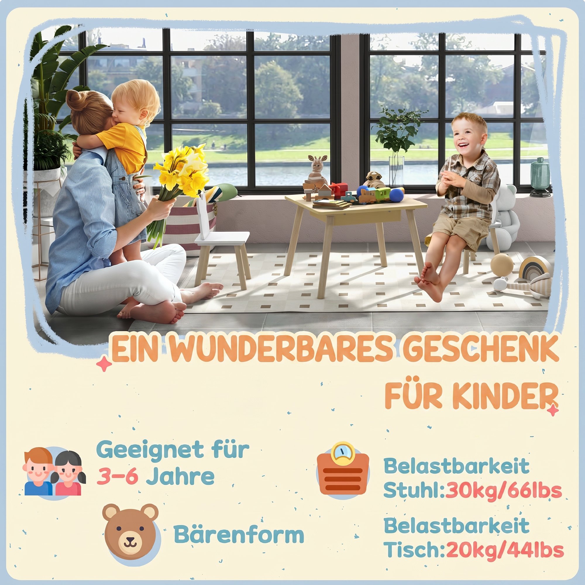 Kindertisch mit 2 Stühlen, Kindersitzgruppe mit Stauraum bärförmiger Rückenlehne für 3-6 Jahre Kinder, Naturholz