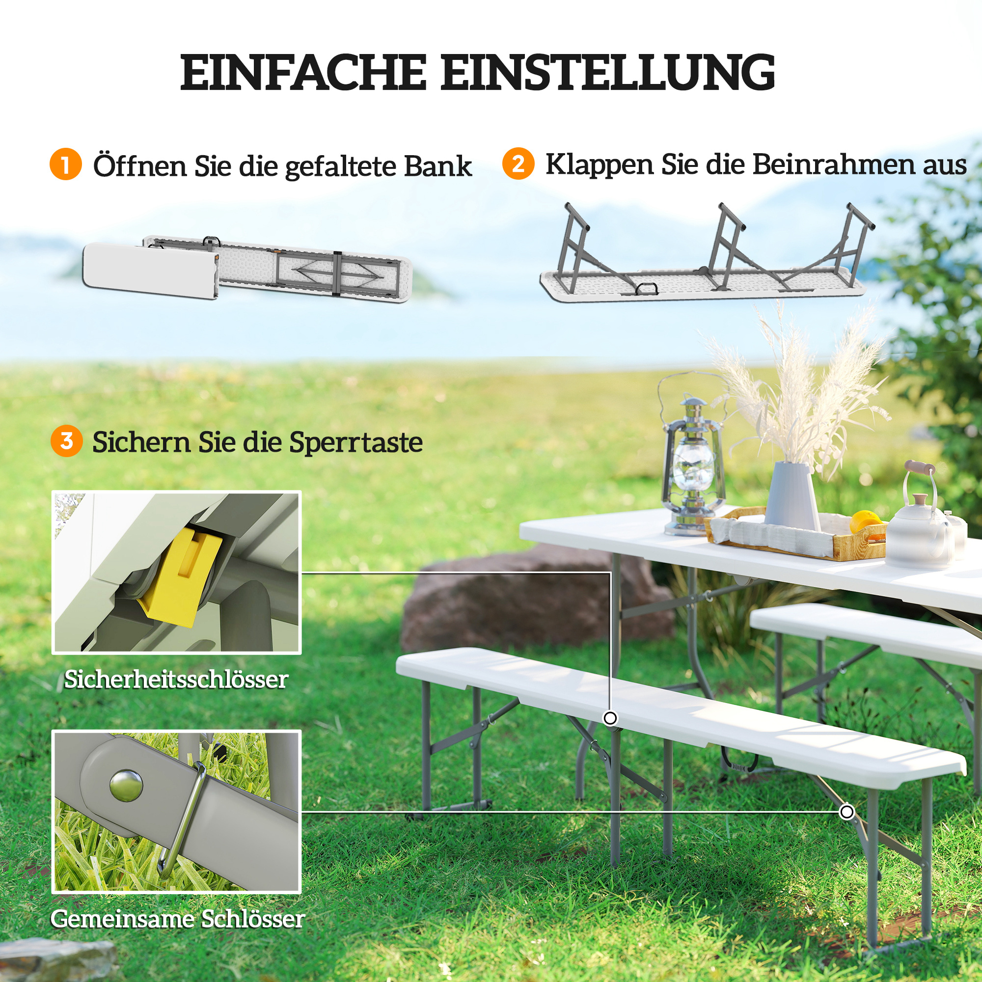 Campingbank, Kunststoff-Outdoor-Bank, 240 kg Belastbarkeit, Weiß