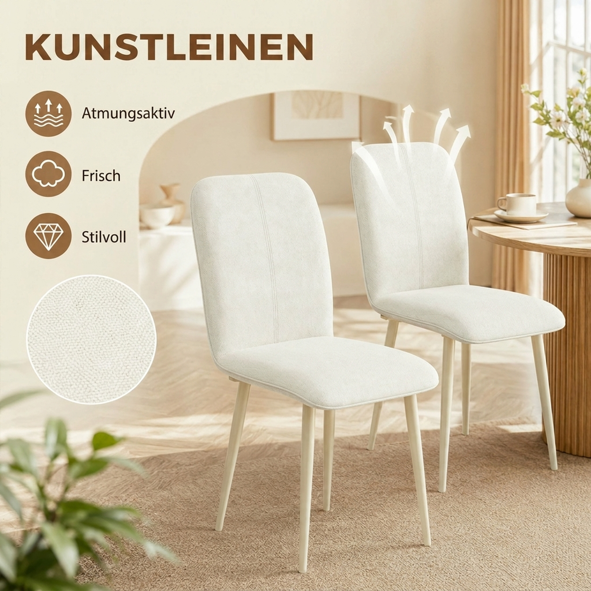 Esszimmerstühle 2er-Set, gepolsterte Küchenstühle in Leinenoptik mit leichten Beinen, Creme