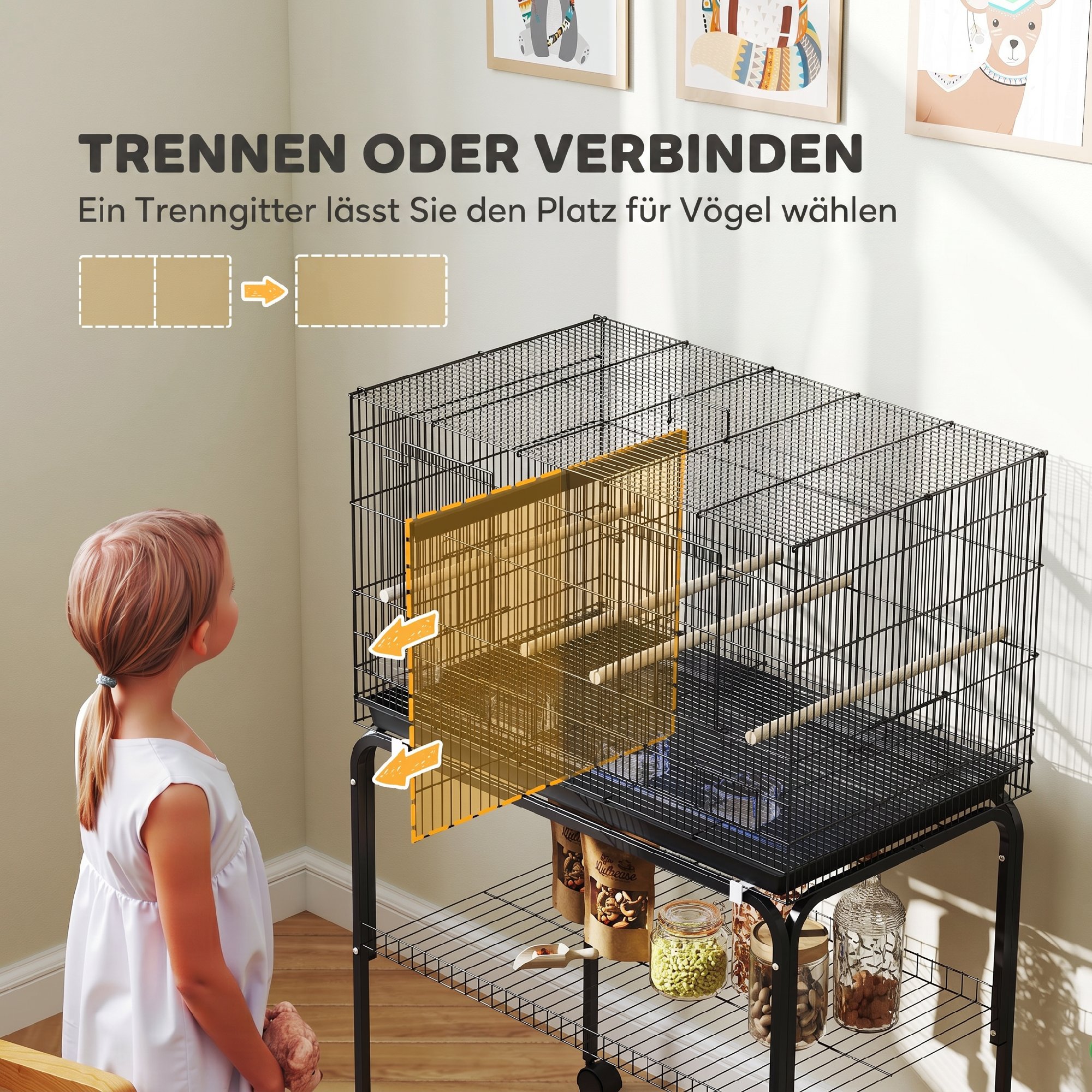 Vogelkäfig, Vogelvoliere mit Rollen, 2 Türen, 4 Sitzstangen, Ablagefach, Metall Vogelhaus 76x46x116cm, Schwarz