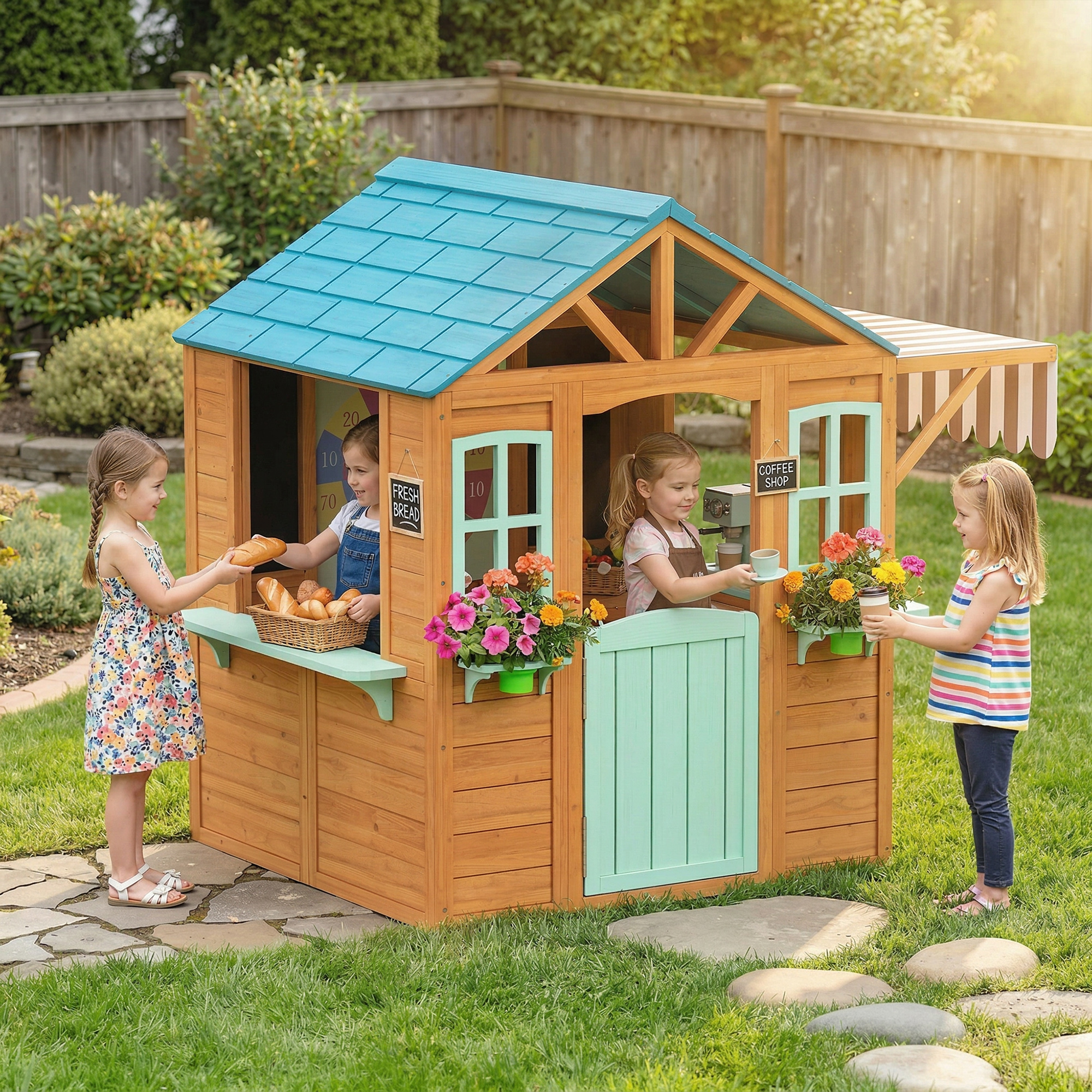 Outdoor Kinderspielhaus mit Verkaufstheke Pflanzenkasten Kreidetafel Zieltuch 4 Ball 142 x 120 x 141,5 cm Mehrfarbig