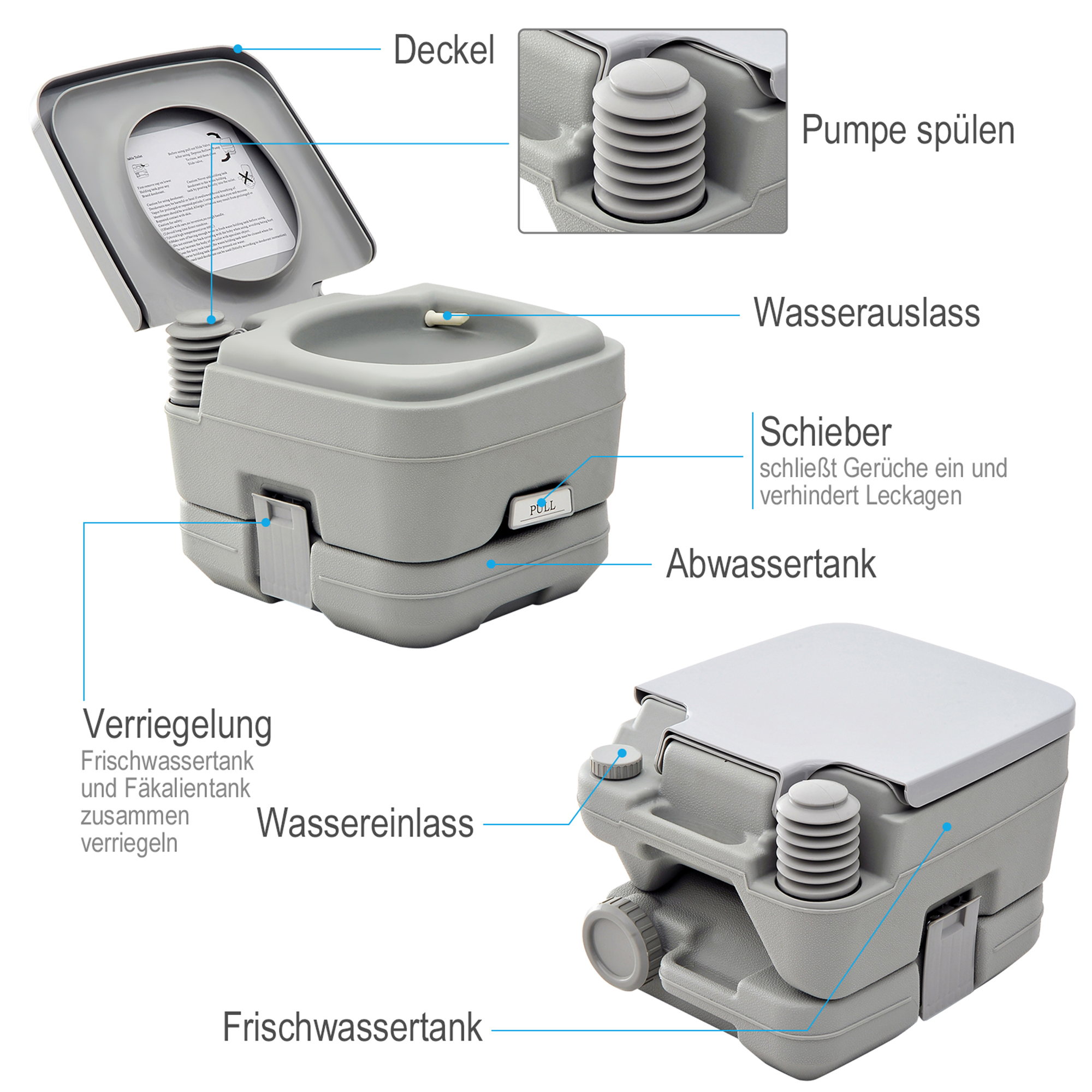 Outdoor-WC, tragbare Toilette, Abfalltank, Spültank, Kunststoff, Deckel, Grau