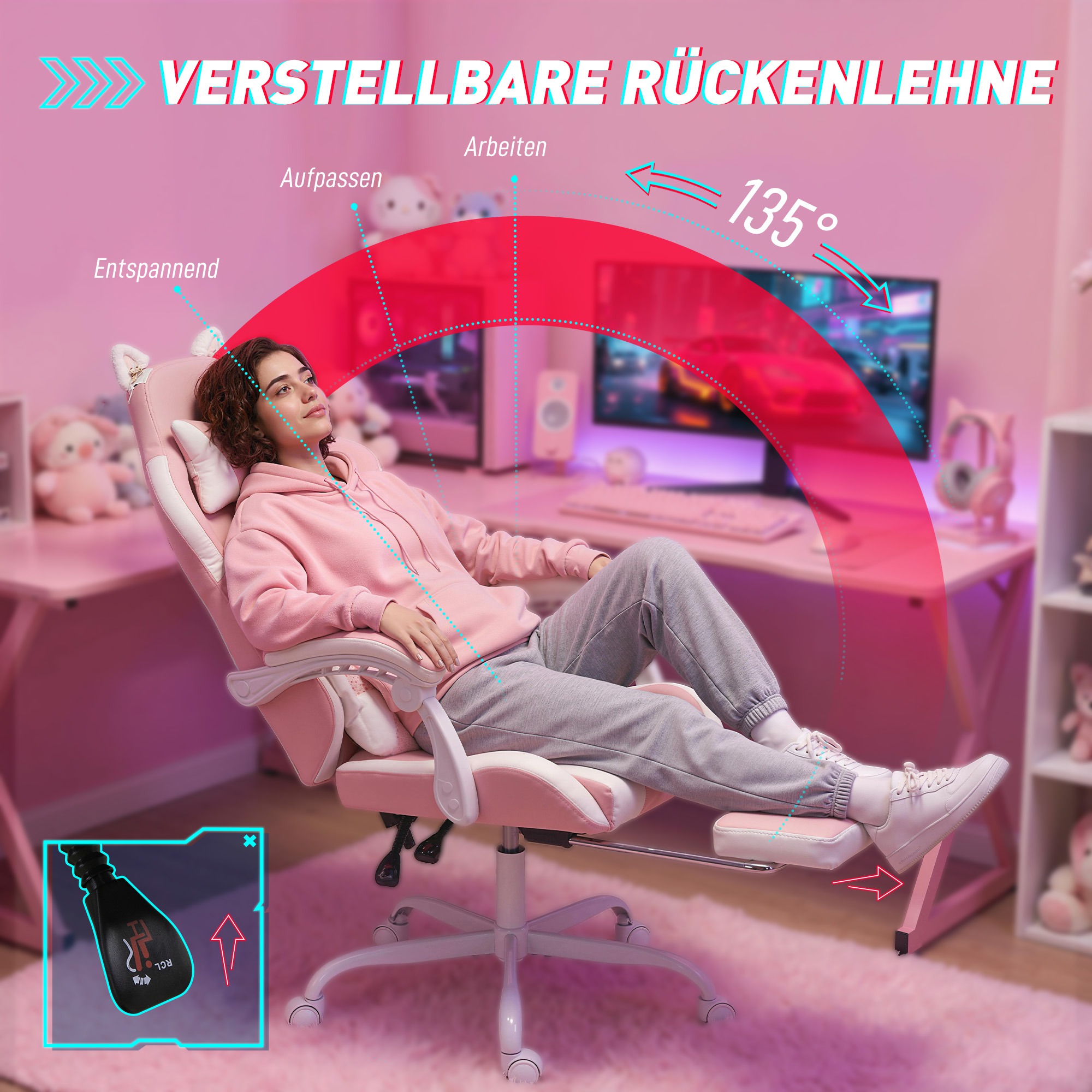 Ergonomischer Gaming-Stuhl, Katzenohren-Gamer-Stuhl aus Kunstleder mit Lendenstütze, Fußstütze, Kopfstütze, Rosa