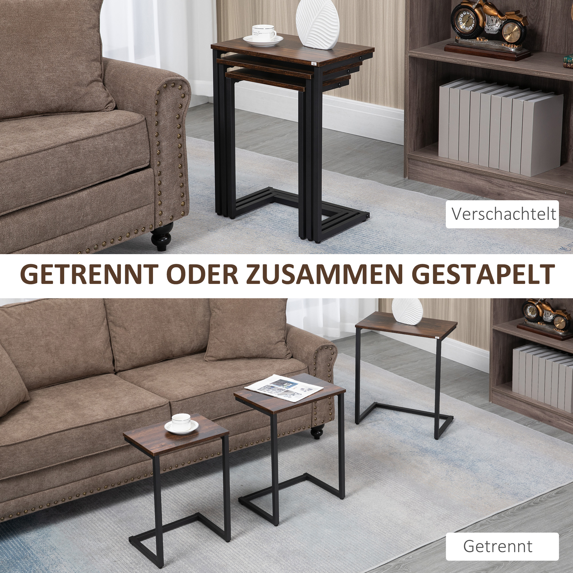 Satztisch, Beistelltisch, 3er-Set, Industrial Design, Stahlrahmen, braun+schwarz, 45 x 30 x 60cm