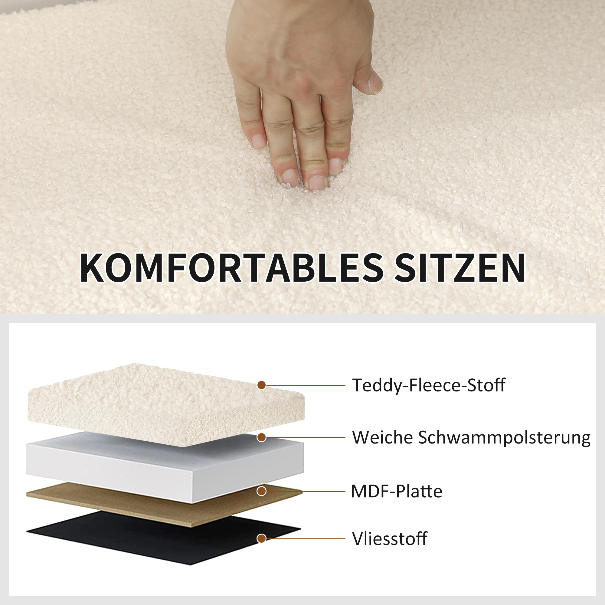 Aufbewahrungshocker, Polsterbank mit Stauraum und Deckel für Wohnzimmer, Schlafzimmer, Flur, Cremeweiß