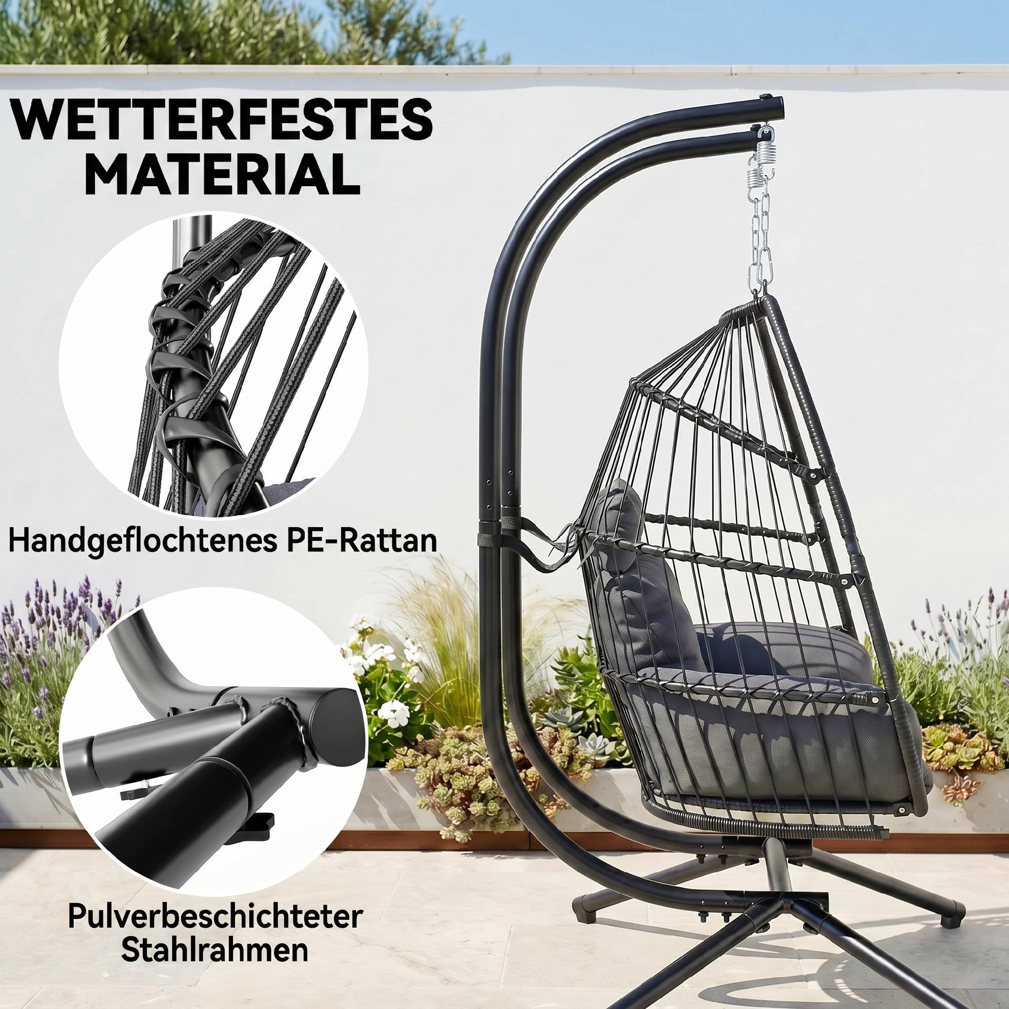 Hängestuhl, faltbarer Korbstuhl mit Kissen, Stahlrahmen, für drinnen und draußen, bis zu 260 kg belastbar, Dunkelgrau
