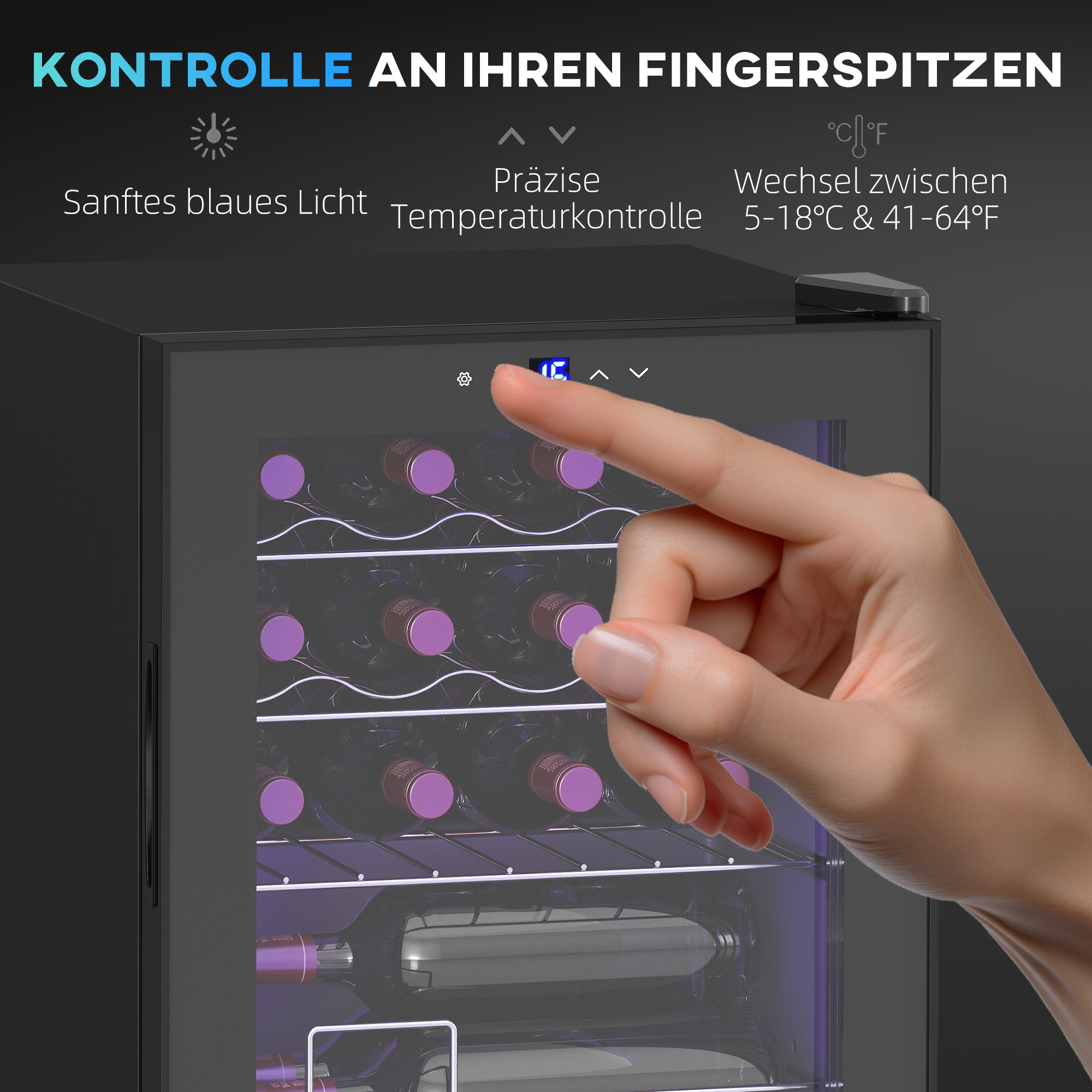 Freistehender Weinkühlschrank, 16 Flaschen, für Hausbar, Wohnzimmer, Küche Touchscreen, Glastür, LED-Beleuchtung