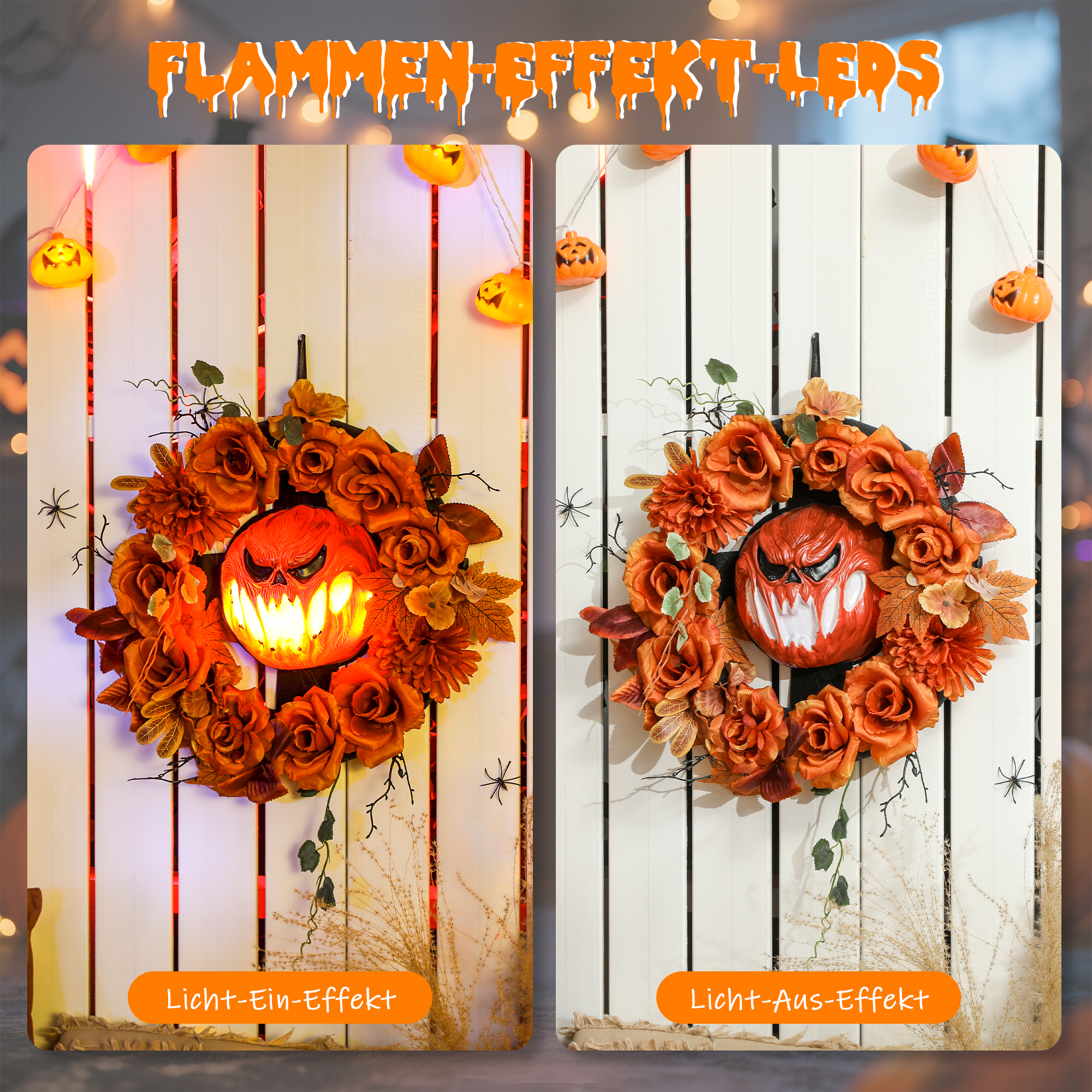 Halloween-Kranz, Grusel-Kürbis-Design, Herbstblätter, Lichteffekte, Kunststoff