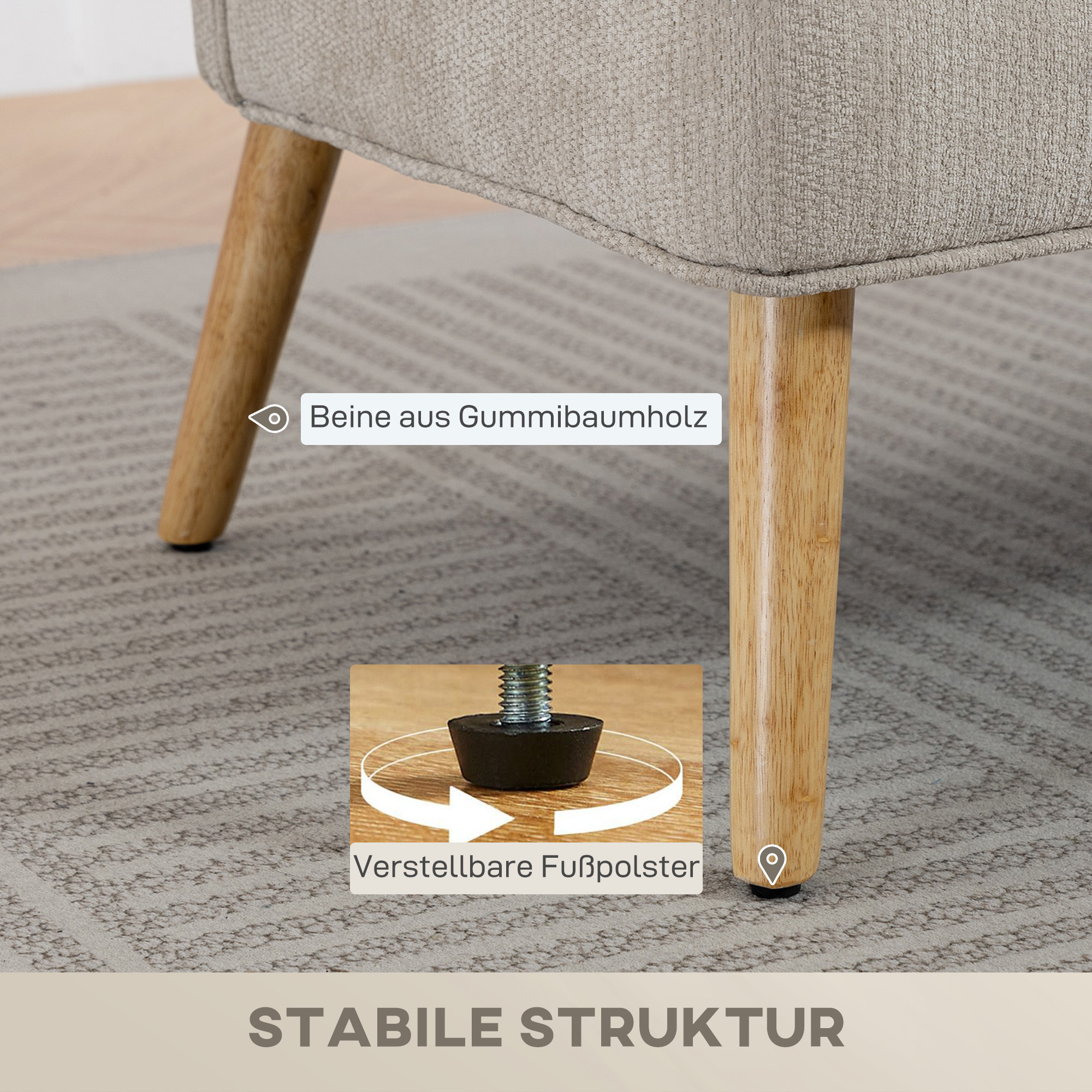 2-Sitzer-Sofa, kleines Chenille-Sofa mit Flügelrücken, dickem Sitz, Gummibaumholzfüßen, Beige