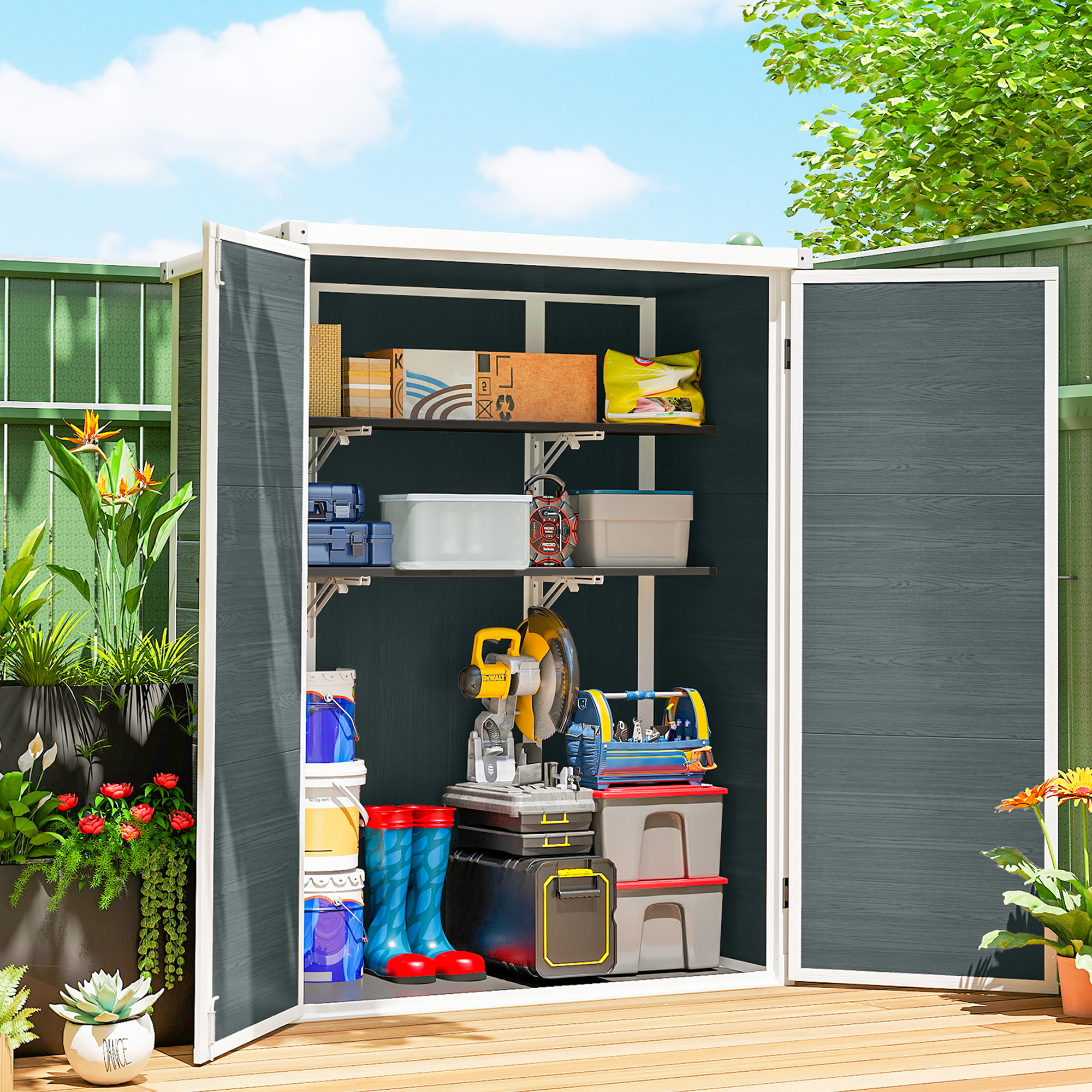 Gerätehaus 0,8m², Geräteschuppen mit klappbar Regale, 134 x 68,5 x 170 cm Kunststoff  mit Abschließbar Doppeltür Boden