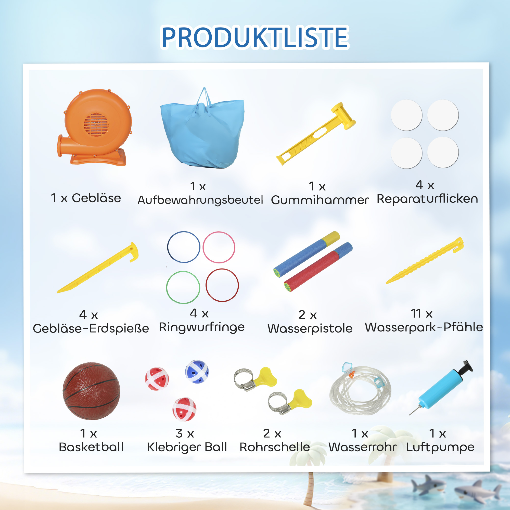 8-in-1 Hüpfburg mit Hai-Design Gebläse, Rutsche, Planschbecken Trampolin für 3-8 Jahre 405x345x235cm, mehrfarbig