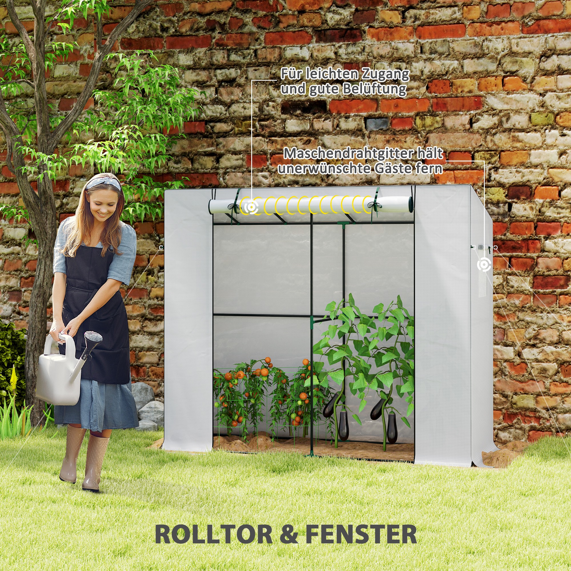 Mini-Gewächshaus, Anlehn-Gewächshaus mit Rolltür und Netzfenstern, UV-beständig, für Blumen, Setzlinge, Pflanzen, Weiß