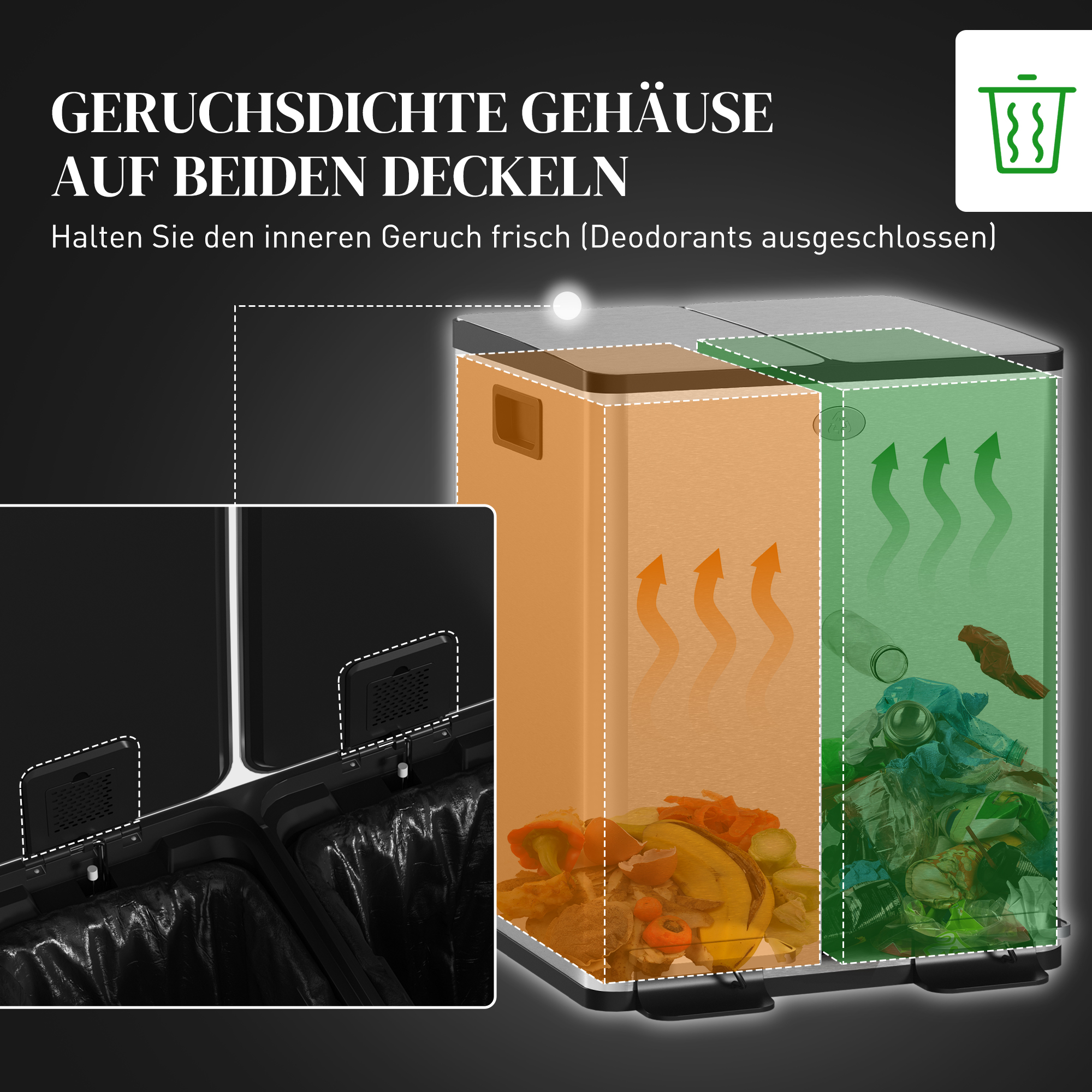 2x 20l Doppelmülleimer, Pedalöffnung, leicht zu reinigen, Edelstahl, Kunststoff, Silber