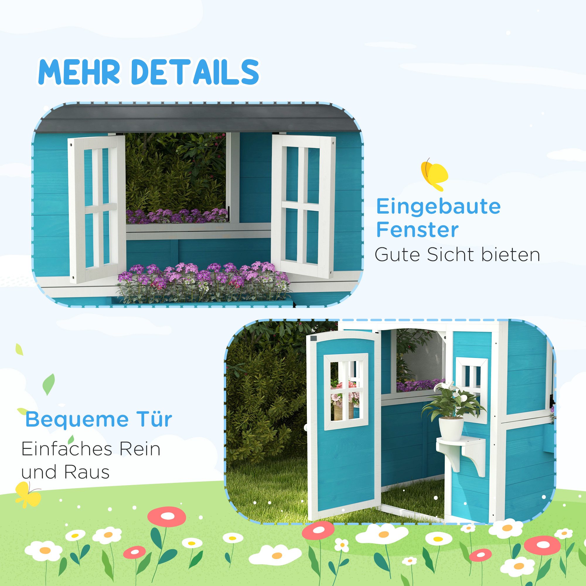 Kinderspielhaus, Holz-Spielhaus für Kinder, Outdoor-Gartenspielhaus mit Fenstern, Blumentöpfe, 3-8 Jahre, Blau