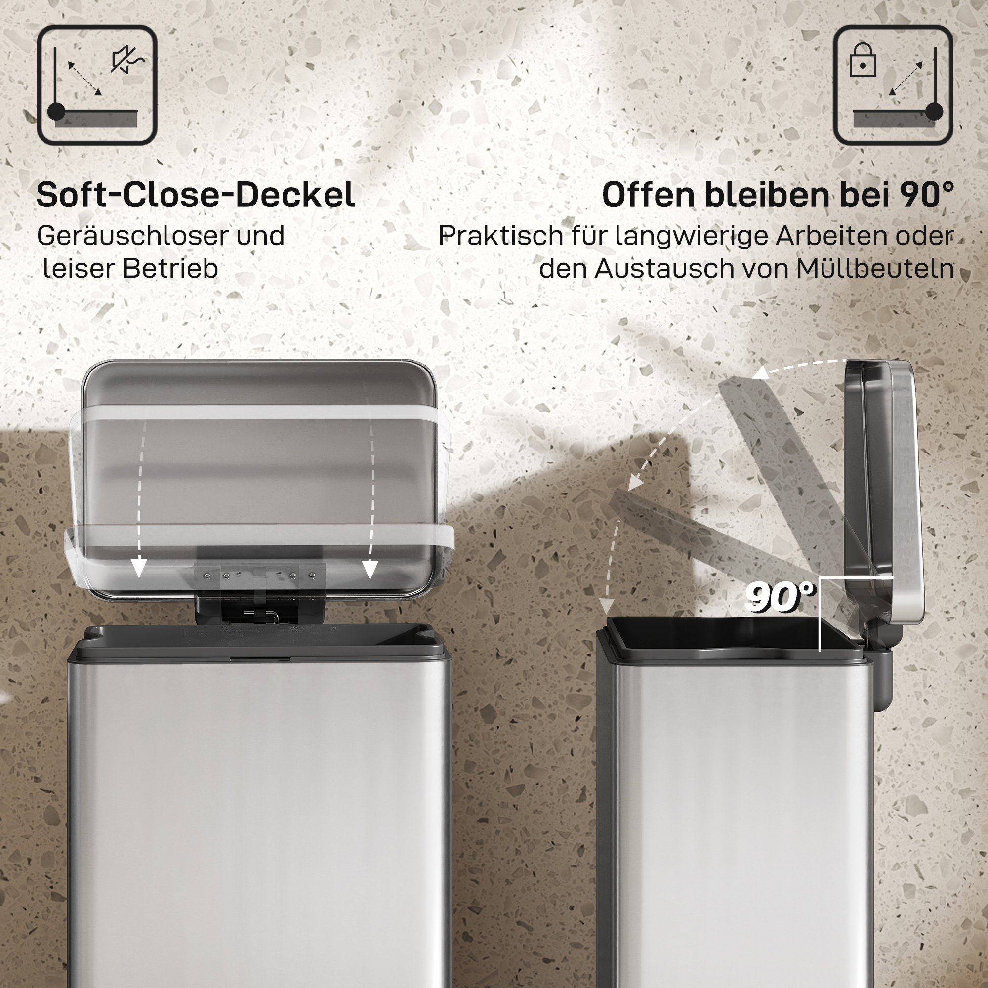 Mülleimer 20 L Treteimer mit Softclose-Deckel, Pedal, abnehmbar Inneneimer Silber, 34,2 x 30,6 x 44,2 cm