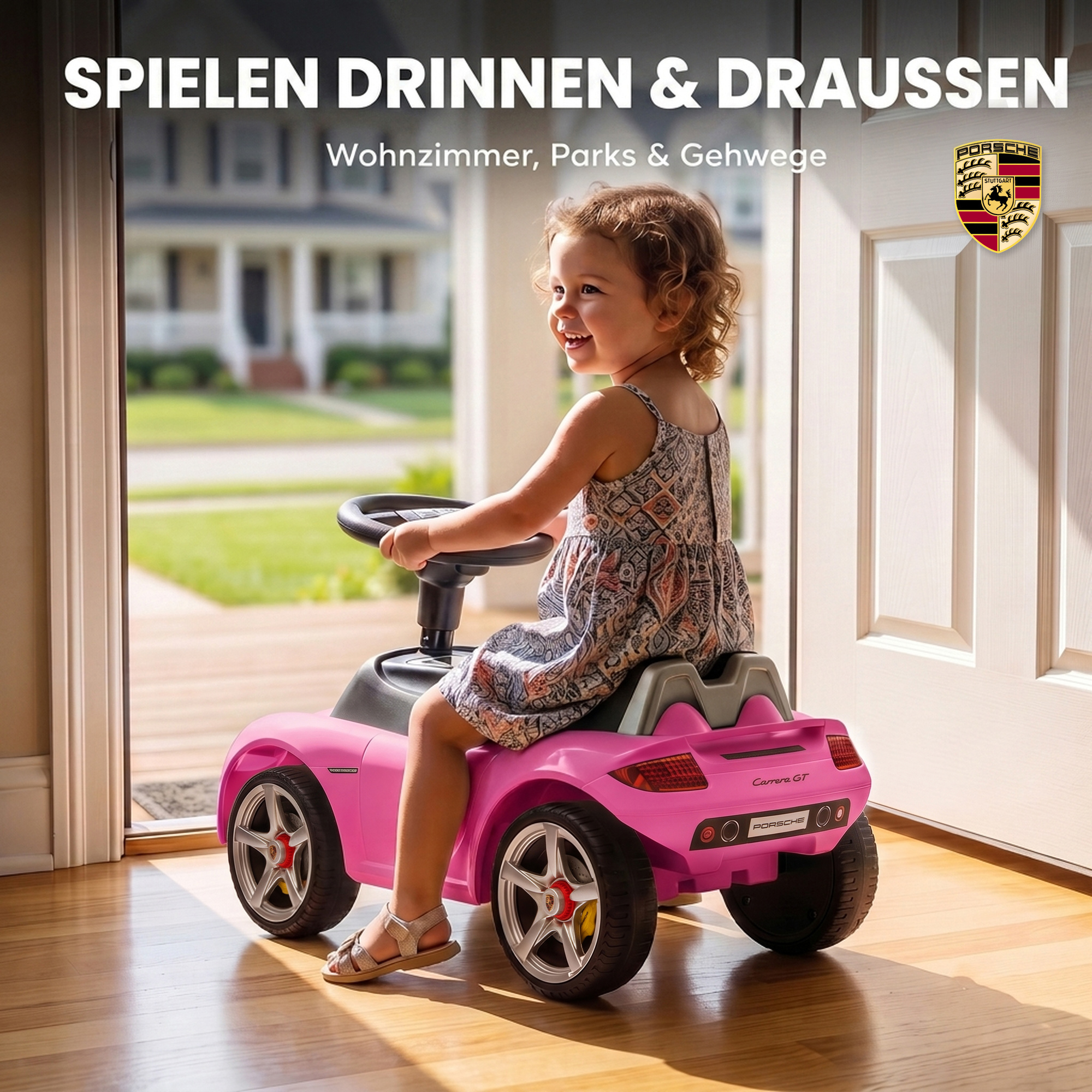 Rutschauto Kinder Porsche Rutschfahrzeug mit Hupe Licht Motorgeräuschen, für 18–36 Monate, Rosa