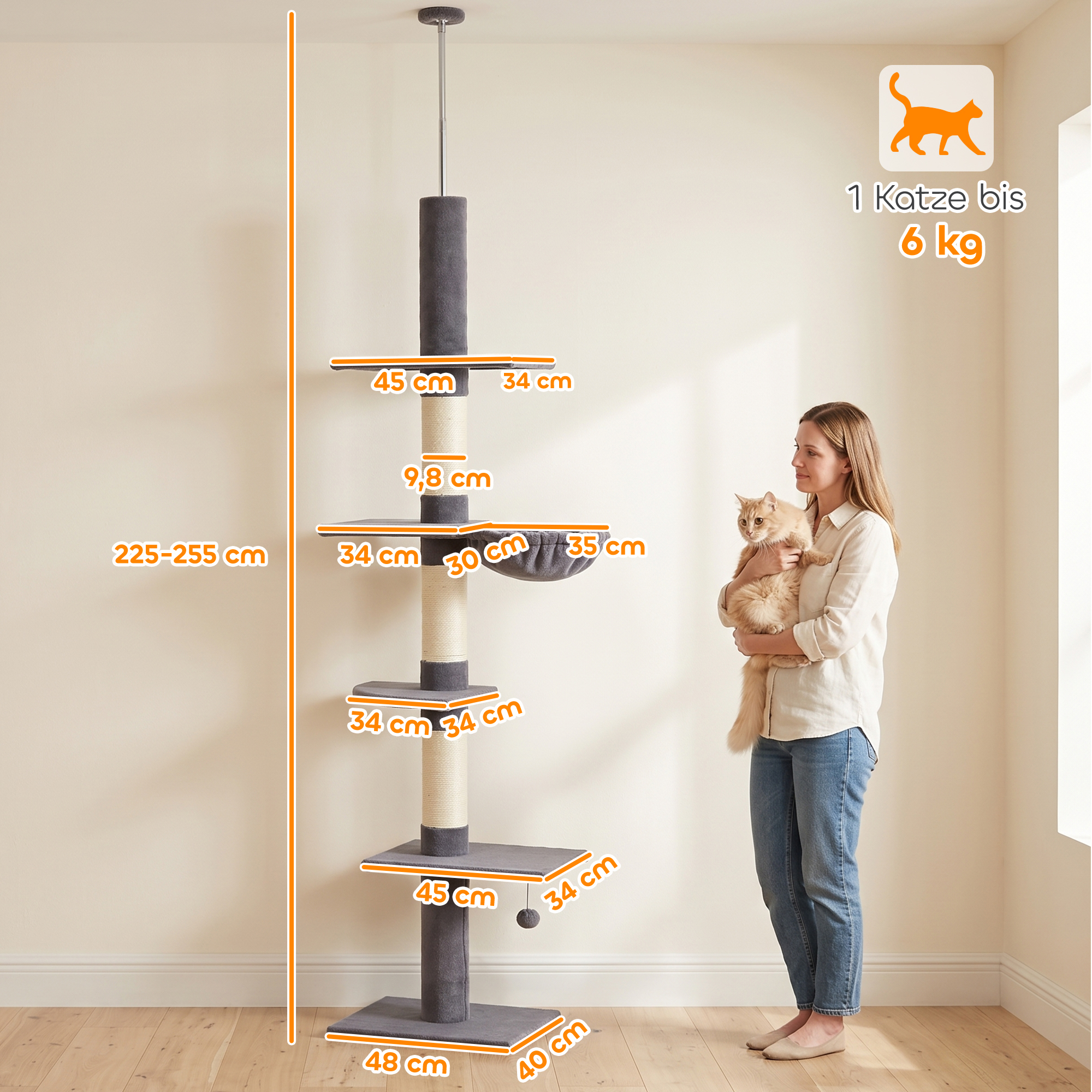Kratzbaum Deckenhoch 225-255 cm höhenverstellbar Katzenbaum mit 5 Etagen 3 Sisal-Kratzstämmen, Hängematte, Plattformen