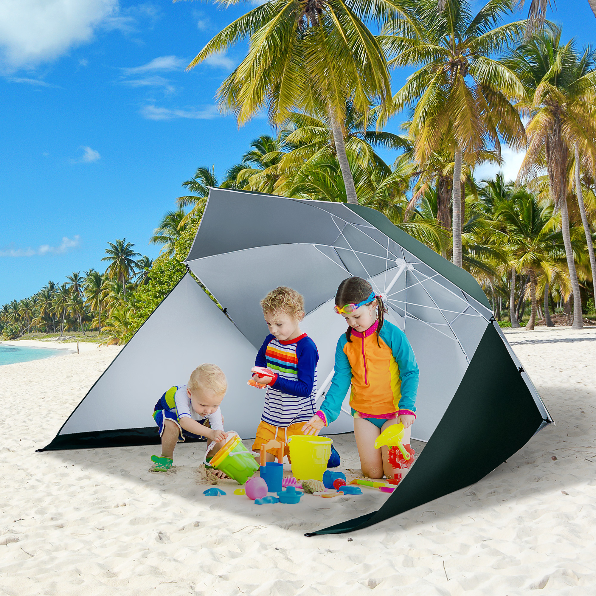 2 in 1 Sonnenschirm Strand Ø 210 cm UPF 50+ windfest Strandschirm mit Seitenwänden Tragtasche Balkon-Schirm faltbarer Gartenschirm Sonnenschutz für Reisen, Strand, Balkon Camping Dunkelgrün