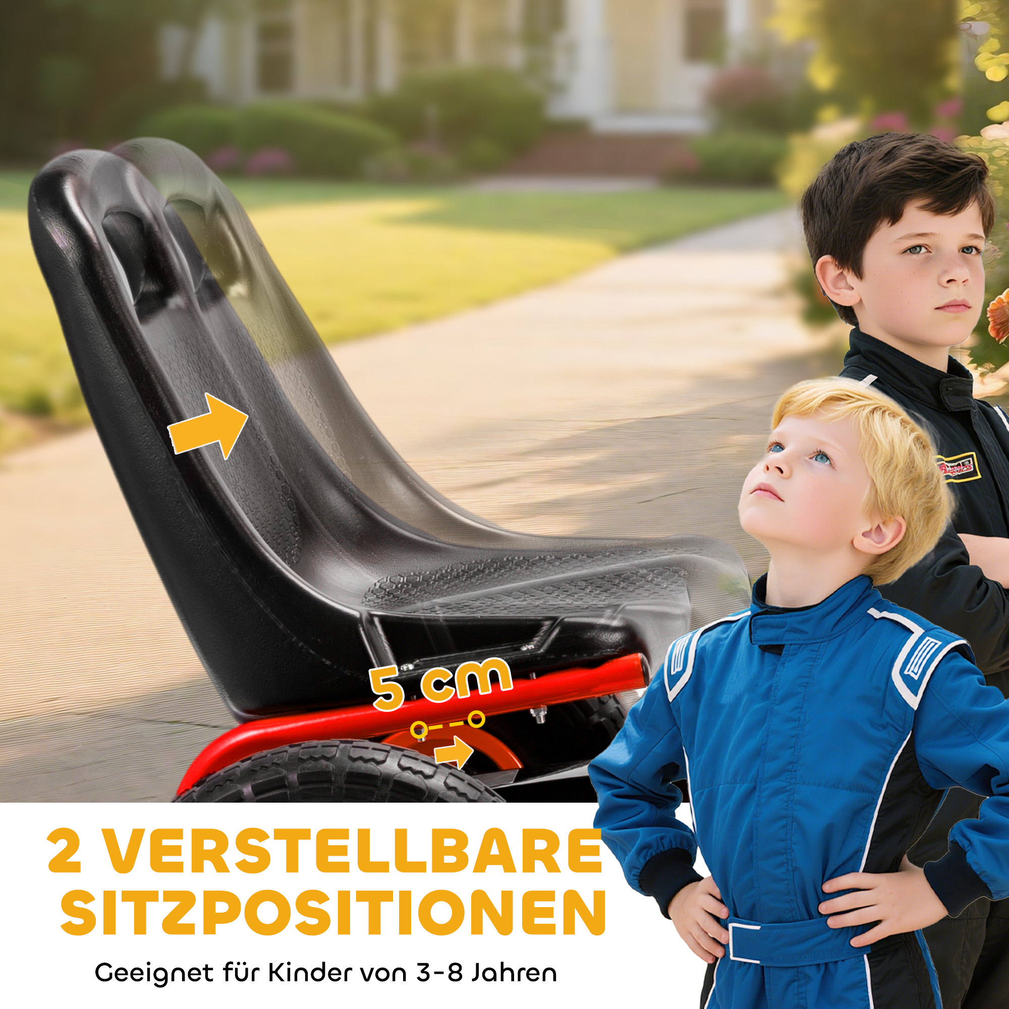 Pedal-Gokart für Kinder, höhenverstellbarer Sitz, EVA-Räder, Bremse, Kupplung, 3-8 Jahre, Rot