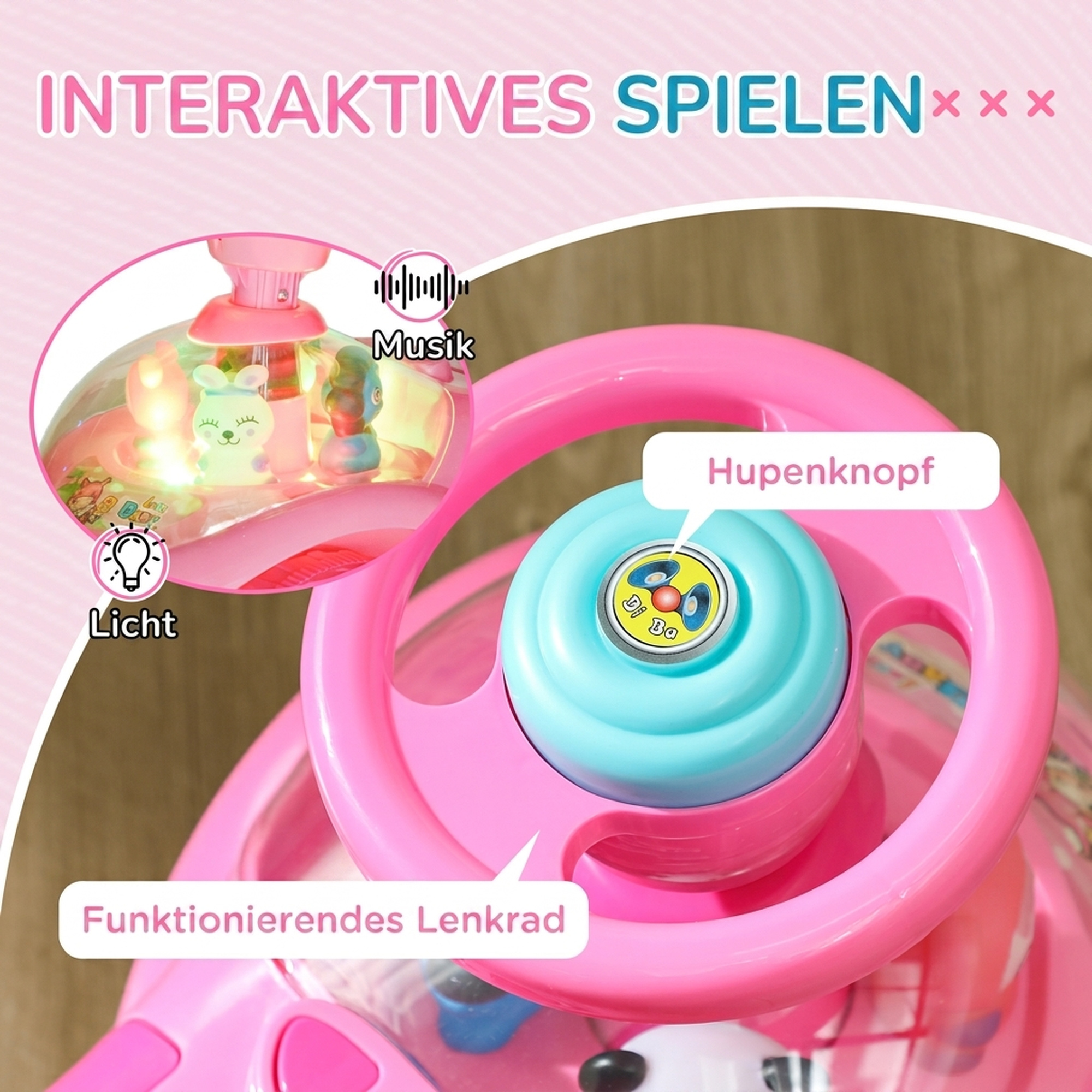 Rutschauto Kinder Rutschfahrzeug mit Musik Hupe, Licht Anti-Kipp-Schutz & Stauraum unter dem Sitz, 18-36 Monaten, Rosa