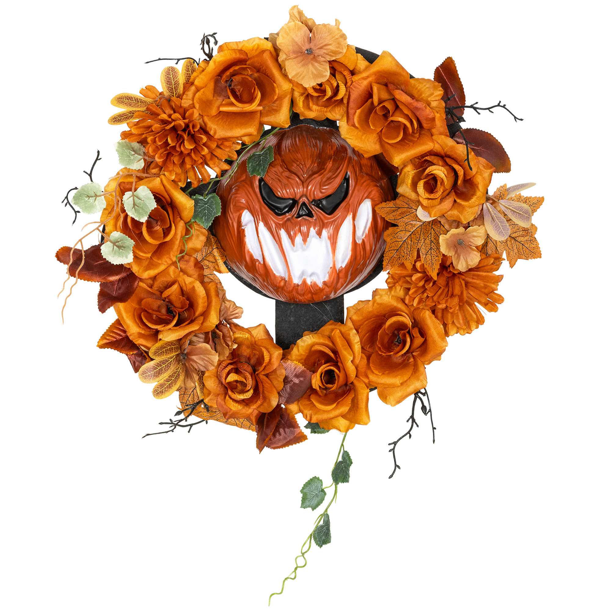 Halloween-Kranz, Grusel-Kürbis-Design, Herbstblätter, Lichteffekte, Kunststoff
