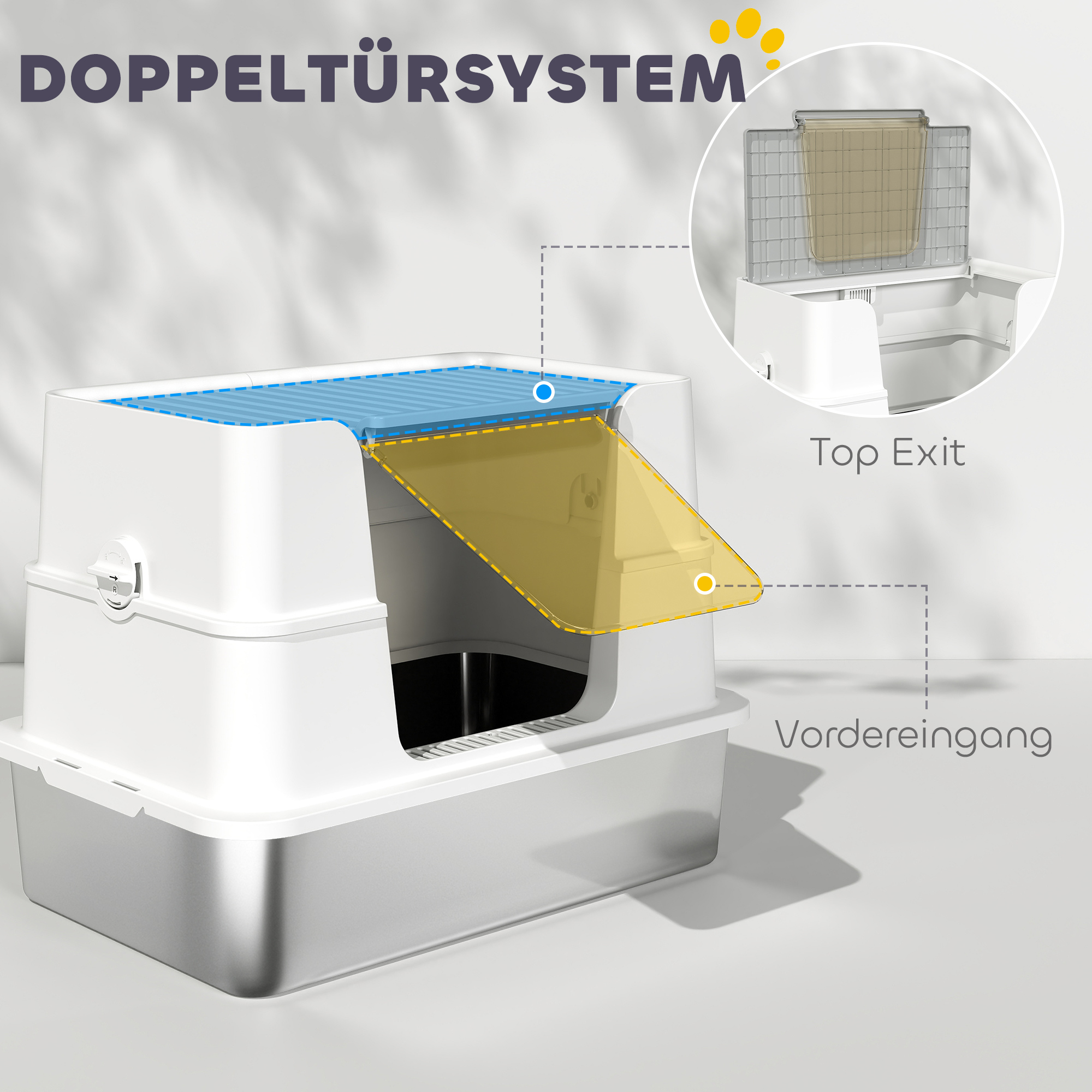 Katzentoilette, Edelstahl, XL-Innenraum, mit Schaufel, Hellgrau