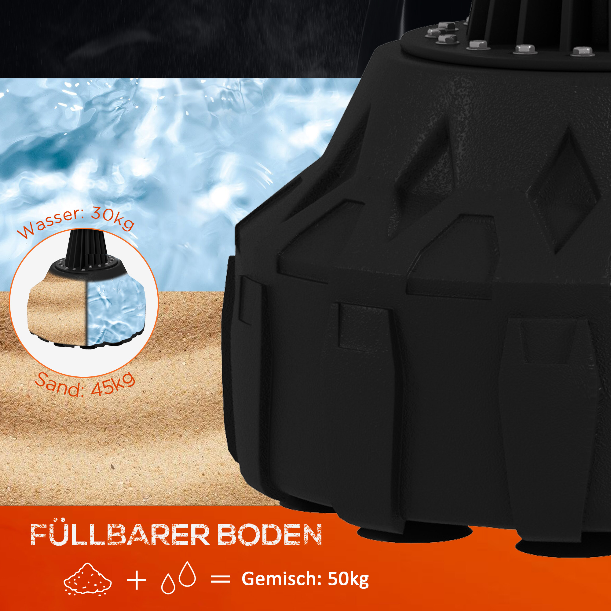 freistehender Boxsack, verstellbares Schagpolster, befüllbare Basis bis 50 kg, 57 x 57 x 175 cm, Schwarz