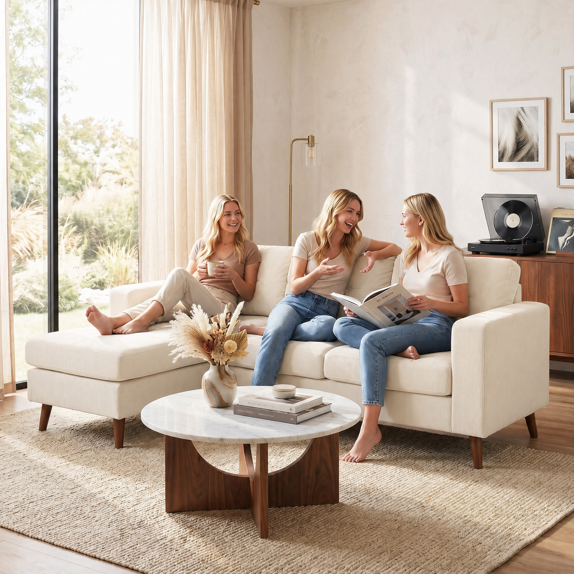 Ecksofa 192 cm L-Form 3-Sitzer Sofa mit umkehrbarer Chaiselongue, Cord-Optik, für kleinen Raum, Cremeweiß