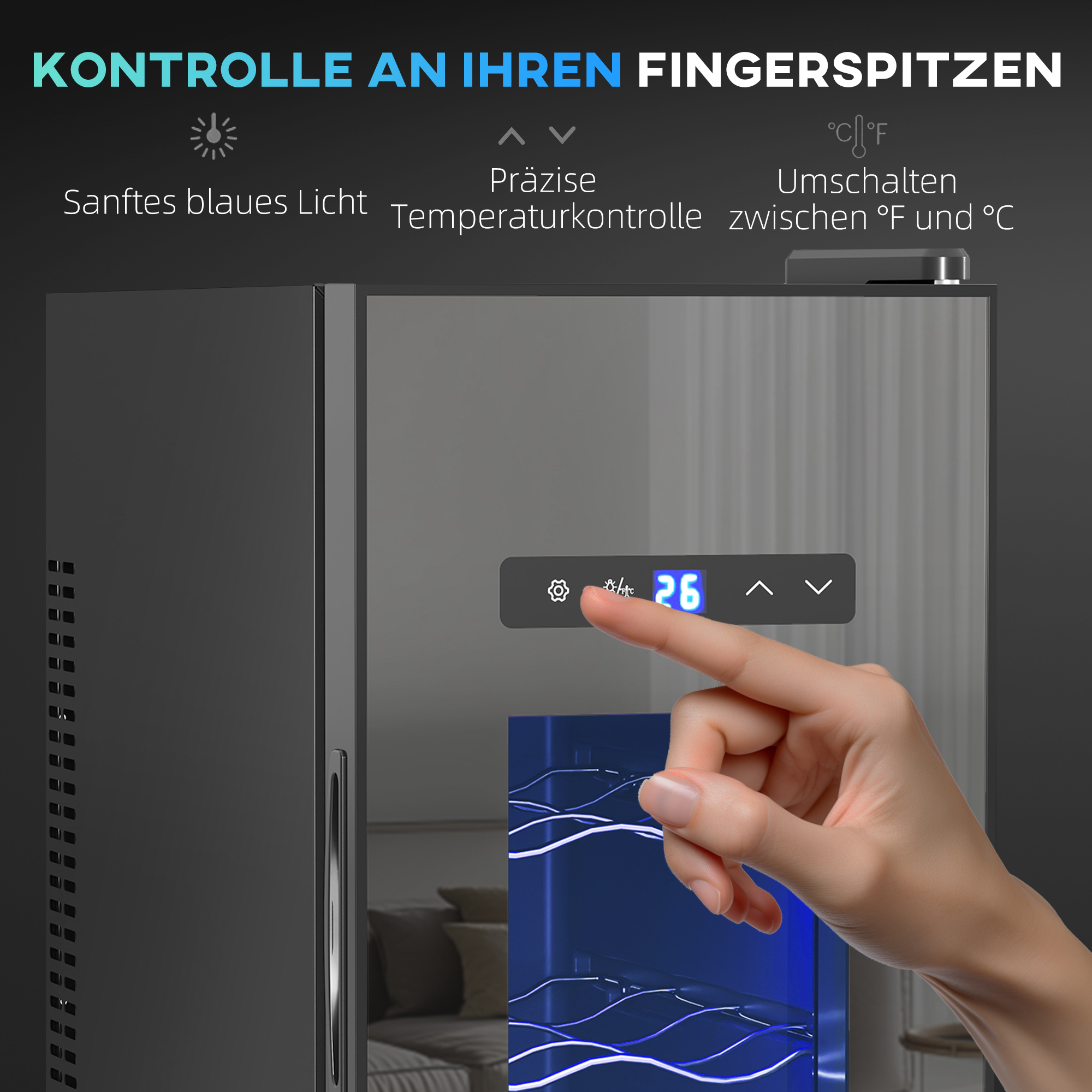 Weinkühlschrank für 12 Flaschen, mit Glastür, Getränkekühlschrank mit LED-Licht, Touch-Screen, Schwarz