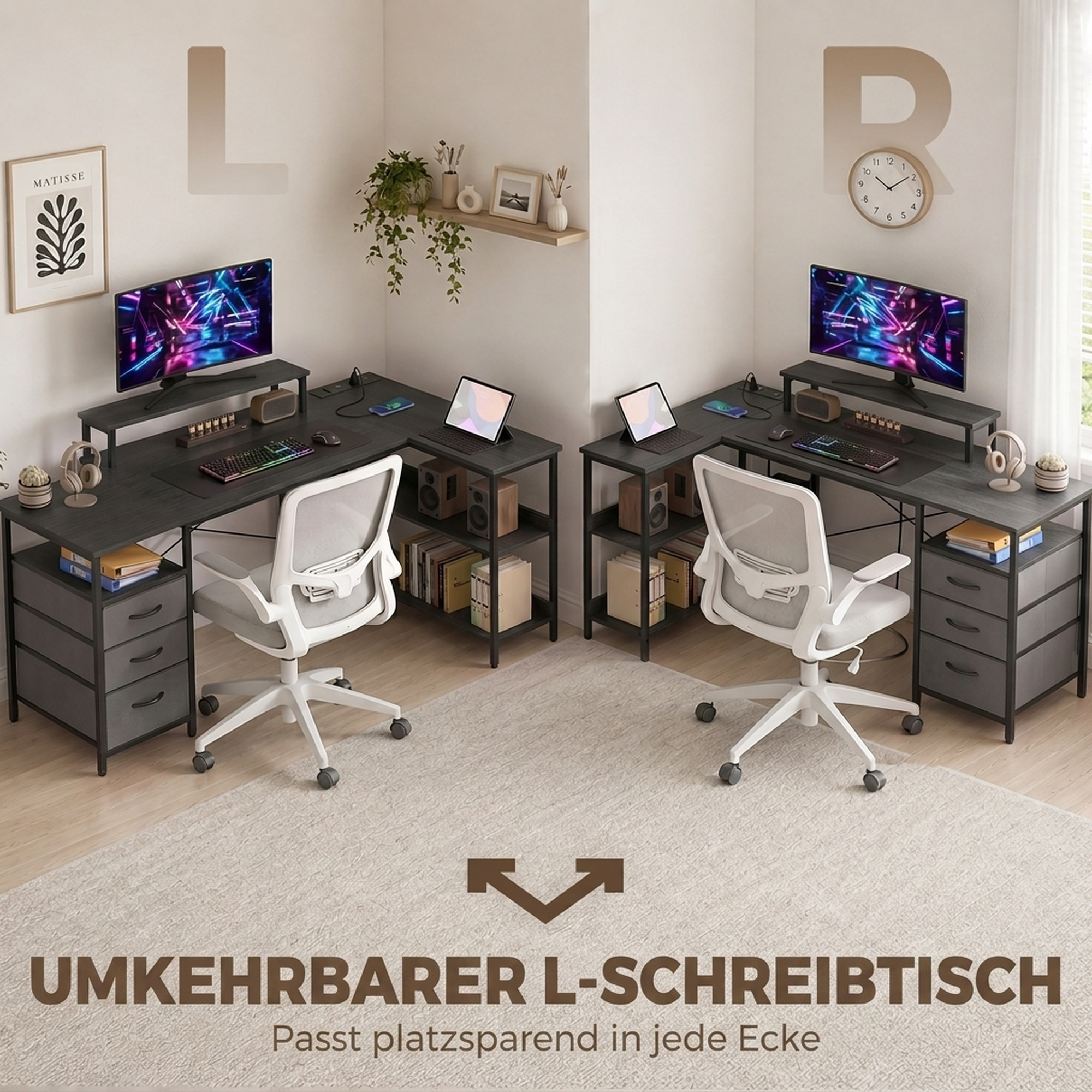 Schreibtisch in L-Form, umkehrbarer Eckschreibtisch mit Schubladen und Regalen, 170 cm, Schwarz