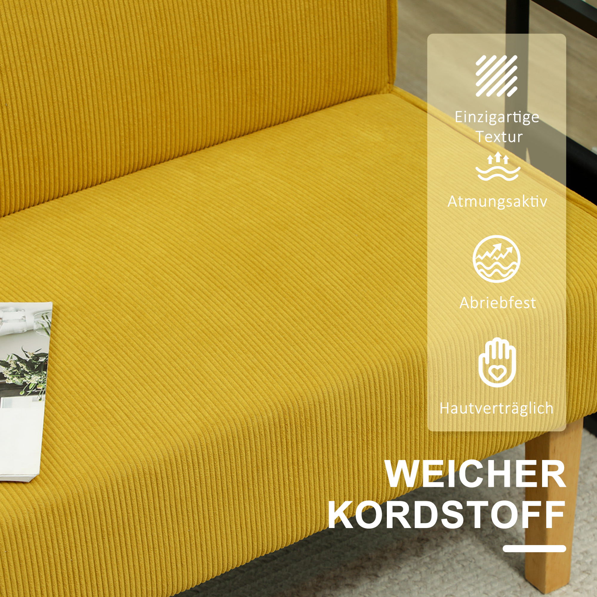 Zweisitzer-Sofa mit Cord-Bezug, dicker Polsterung und soliden Holzbeinen für Wohnzimmer, Schlafzimmer, Büro, Gelb