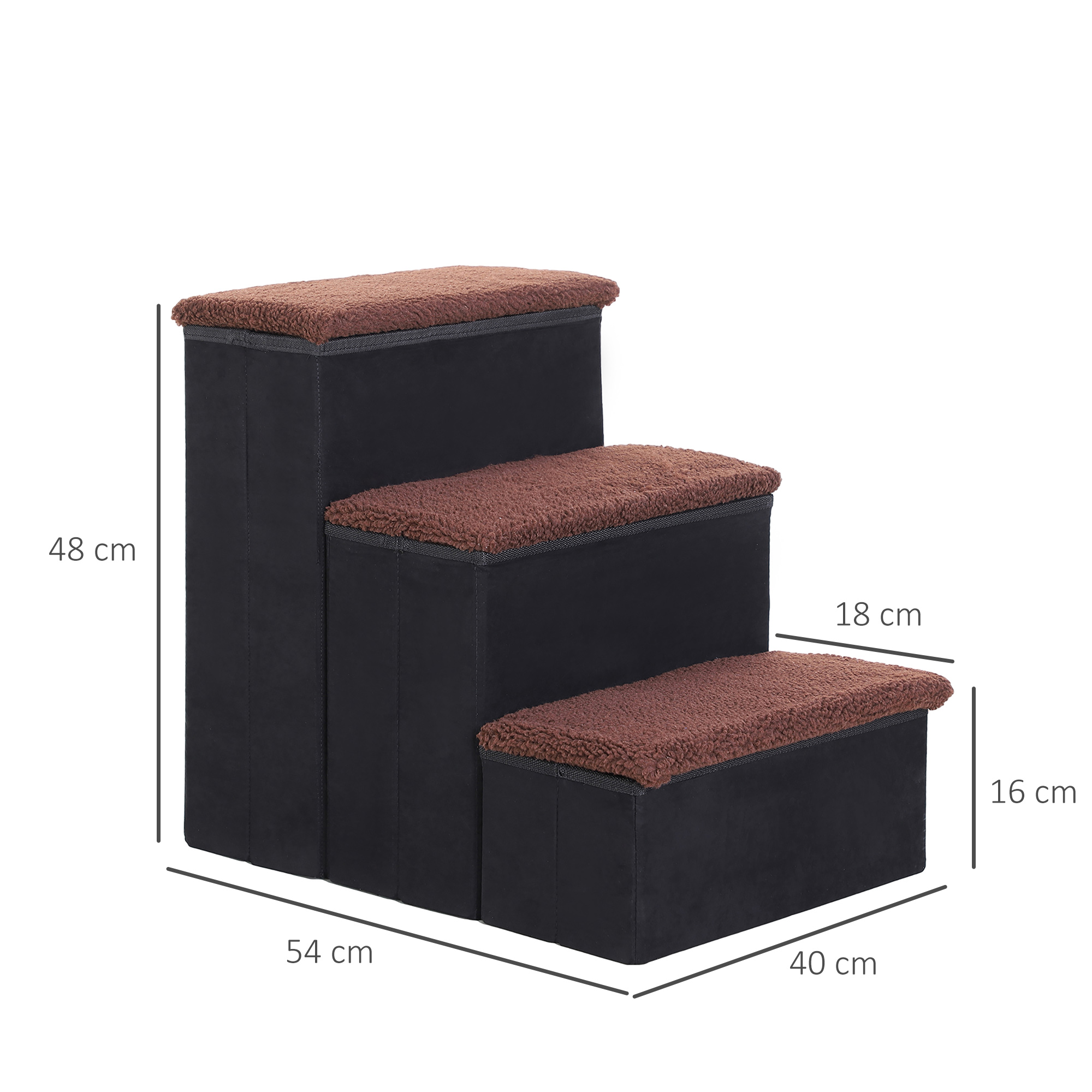 Haustiertreppe Katzentreppe Hundetreppe Faltbar 3 Stufen Tiertreppe mit Stauraum für Katzen und Hunde MDF Schwarz 40 x 54 x 48 cm