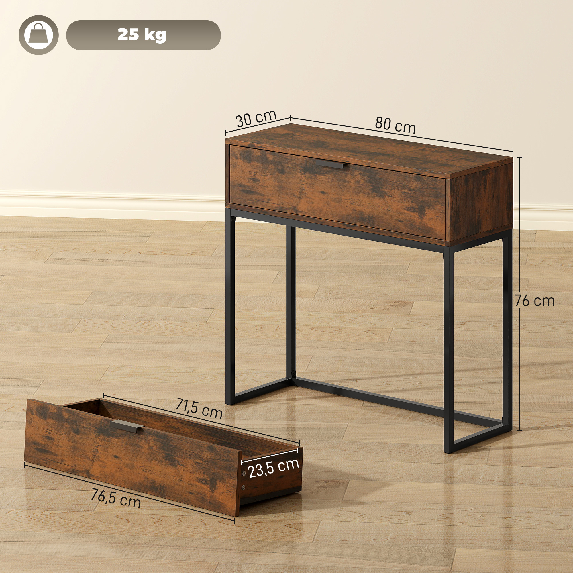 Konsolentisch Flurtisch mit Schublade, Industrie-Design, Flur Wohnzimmer, 80x30x76 cm, Schwarz