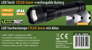 LED-Taschenlampe "CTL20 Zoom" mit Akku / 20W, 1600lm, Zoom, ØxL 167x41mm