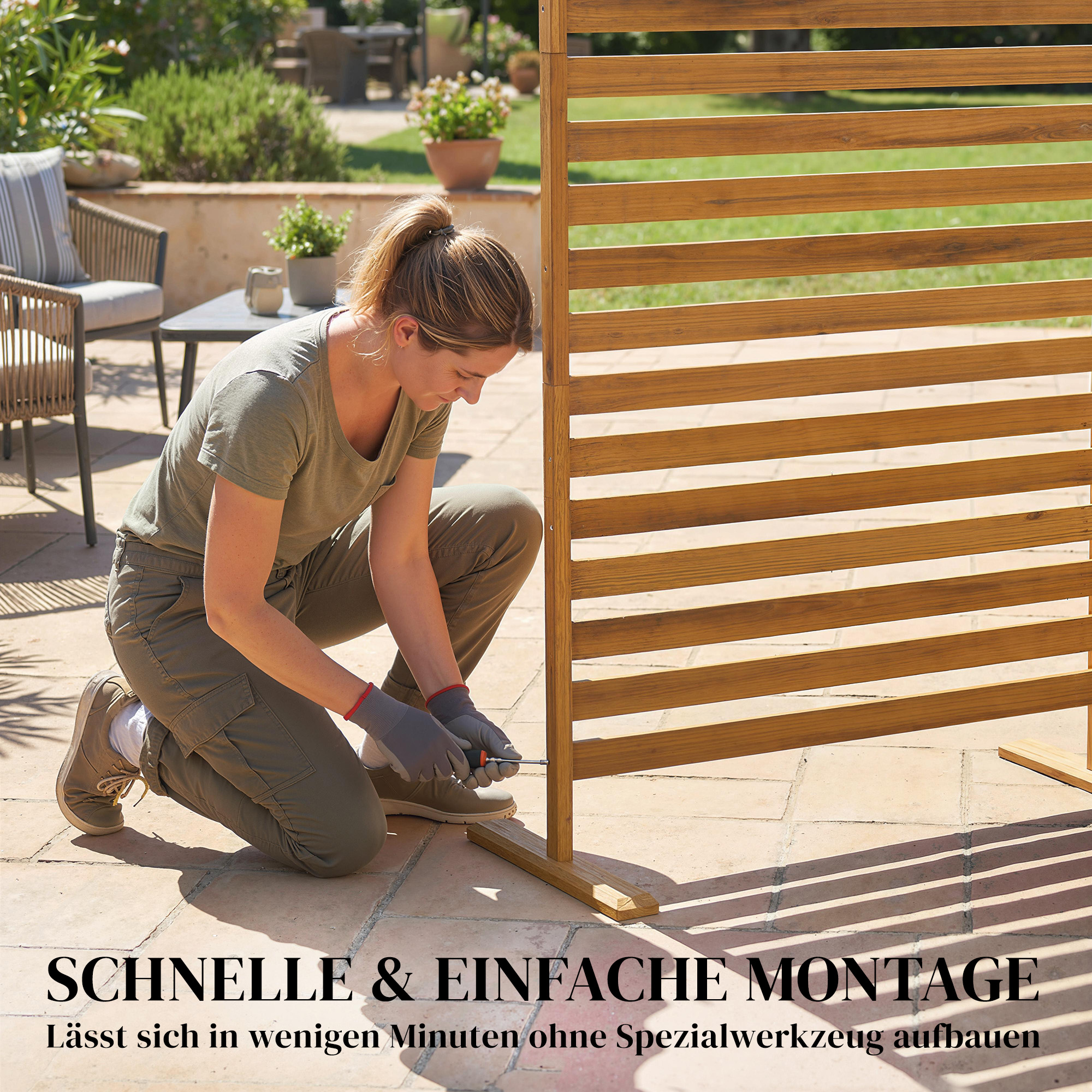 Sichtschutz aus Holz 80 x 170 cm Raumteiler mit Standfuß Lamellen, freistehender Raumtrenner Braun