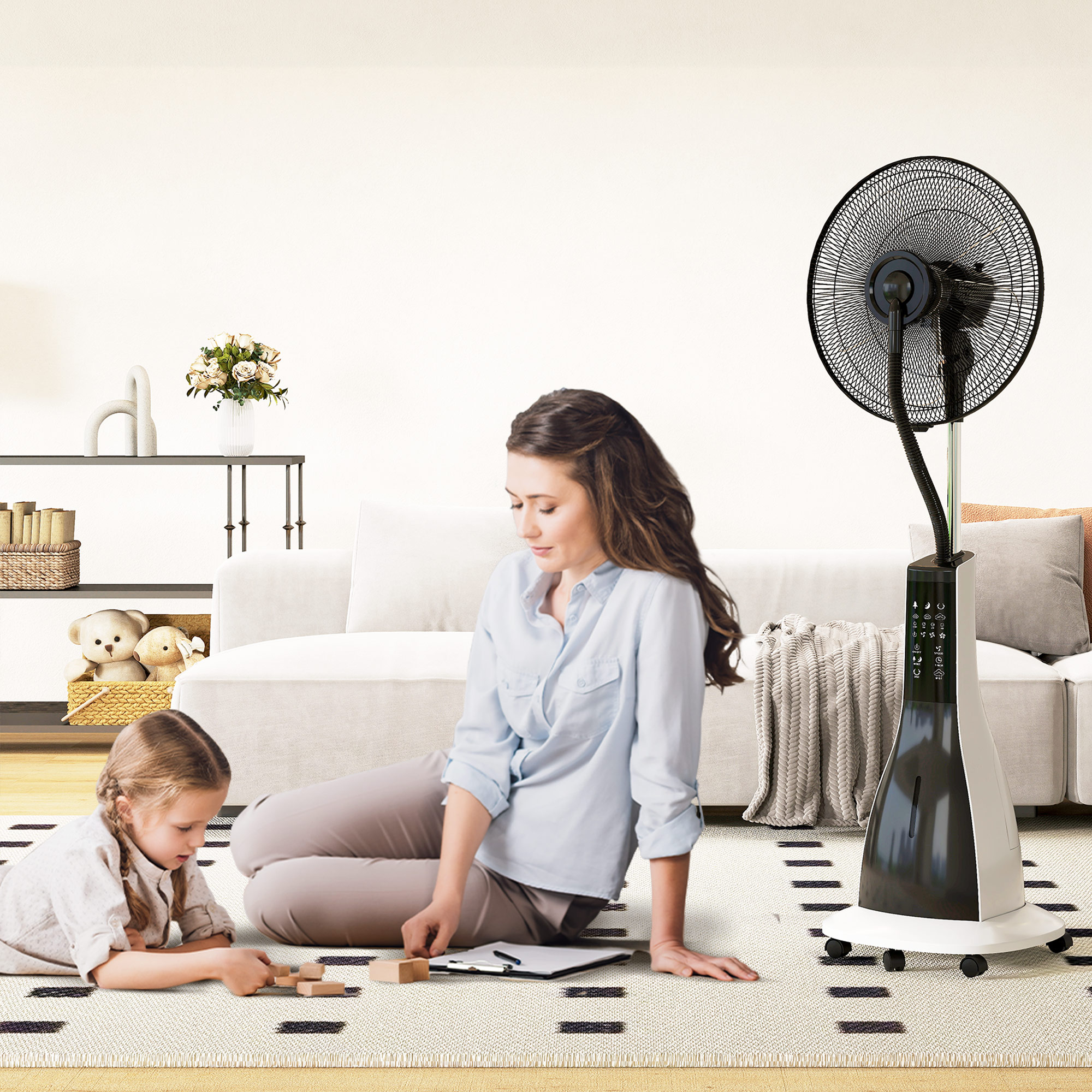 Ventilator mit Sprühnebel-Funktion, 75 Grad drehbar, 3 Geschwindigkeiten, 3 Modi, 3-Liter-Wassertank, Schwarz+Weiß