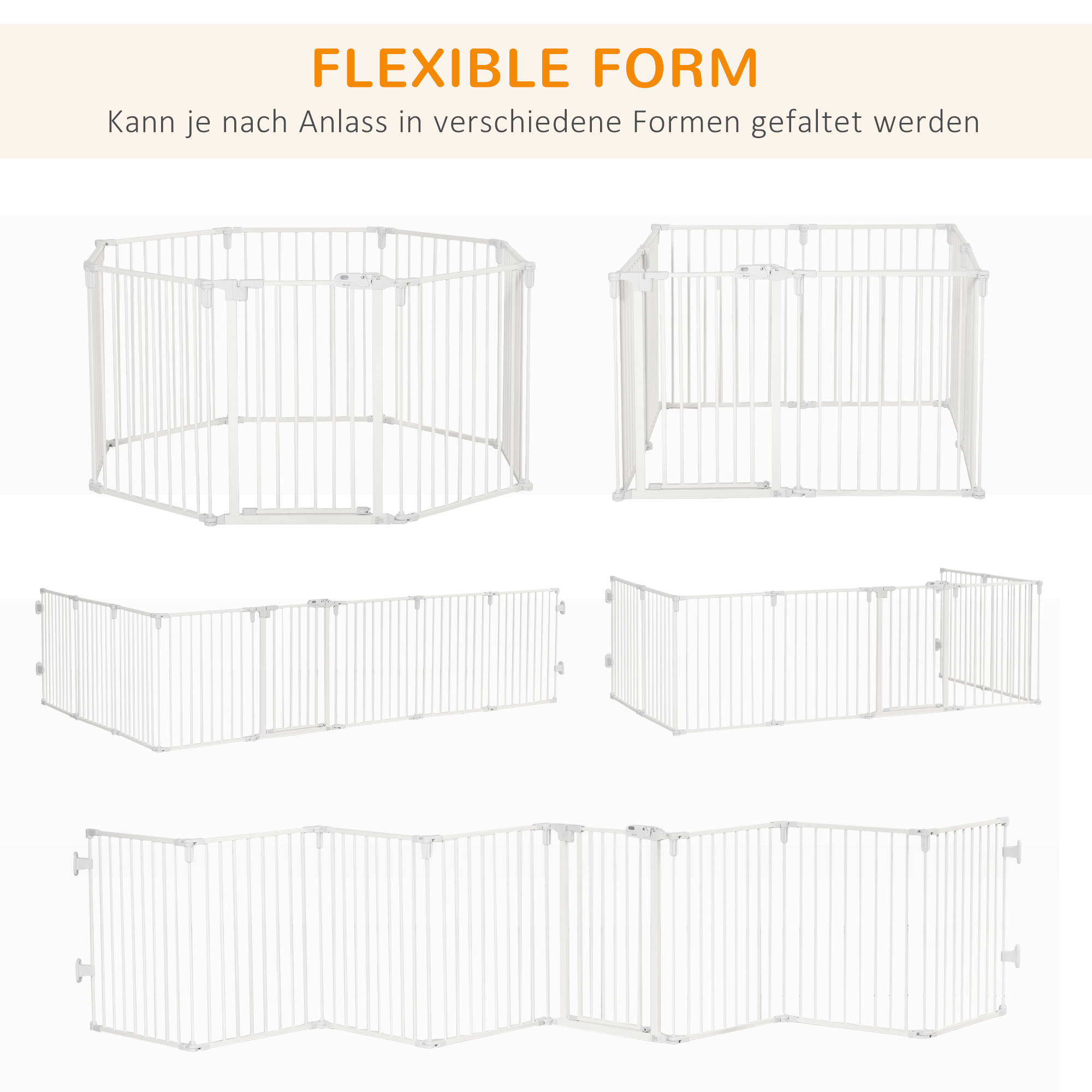 Welpenauslauf Freigehege für Hund Schutzgitter mit Tür Kaminschutzgitter flexible klappbar 8 Paneele je 60 x 76 cm Weiß