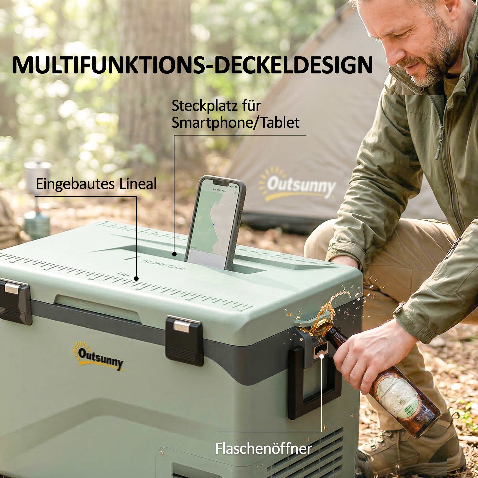 42,5 Liter Kompressor Kühlbox leise elektrisch Mini Kühlschrank bis -20℃ Kühlbox mit Bluetooth Rolle Griff Handyhalter