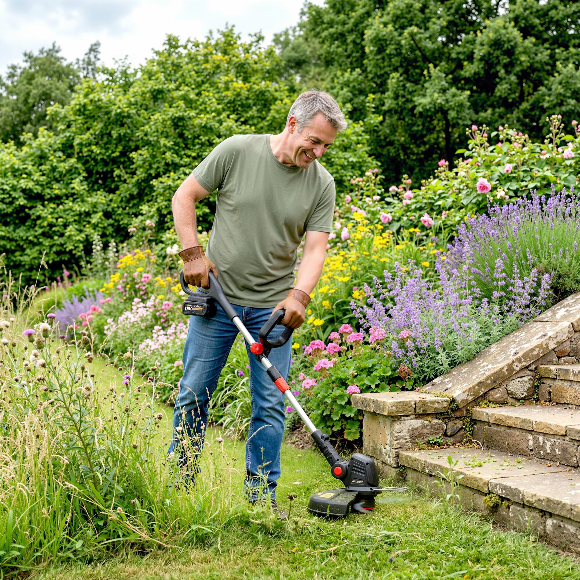 Akku Rasentrimmer 2-in-1 Freischneider mit 30 cm Schnittbreite Verstellbar Griff neigbar Motorkopf für Garten Hof Silber