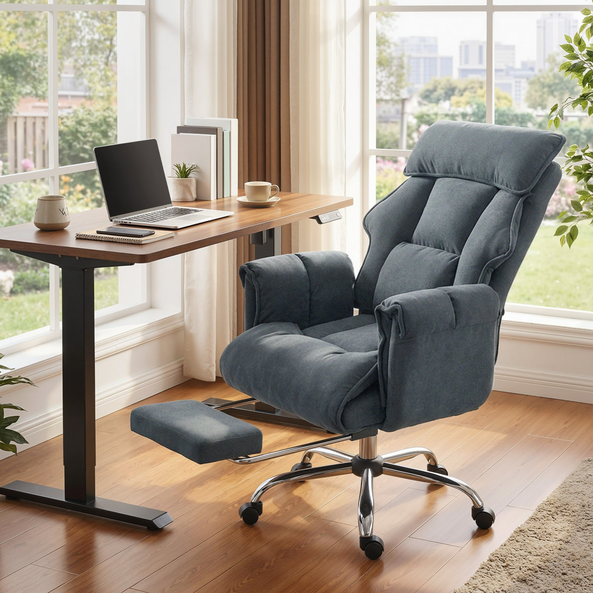 Bürostuhl Höhenverstellbarer Drehstuhl mit Lendenwirbelstütze, Fußstütze, Schneeflanell, 80 x 80 x 106-114 cm Dunkelgrau