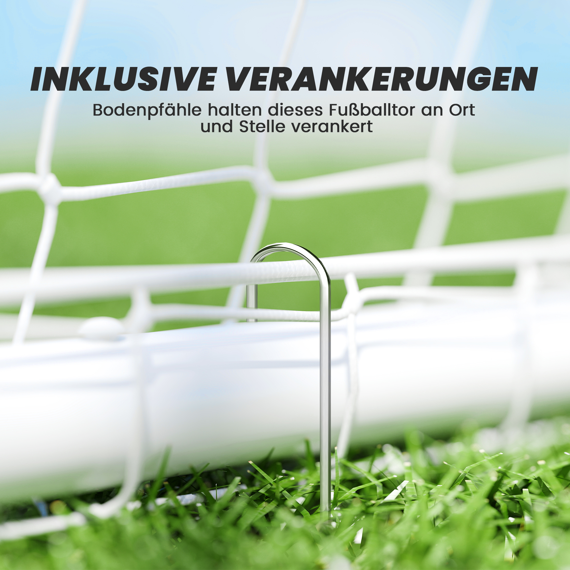 Fußballtor, robustes Netz, Kunststoff-Rahmen, Heringe, 240L x 90B x 180H cm, Weiß