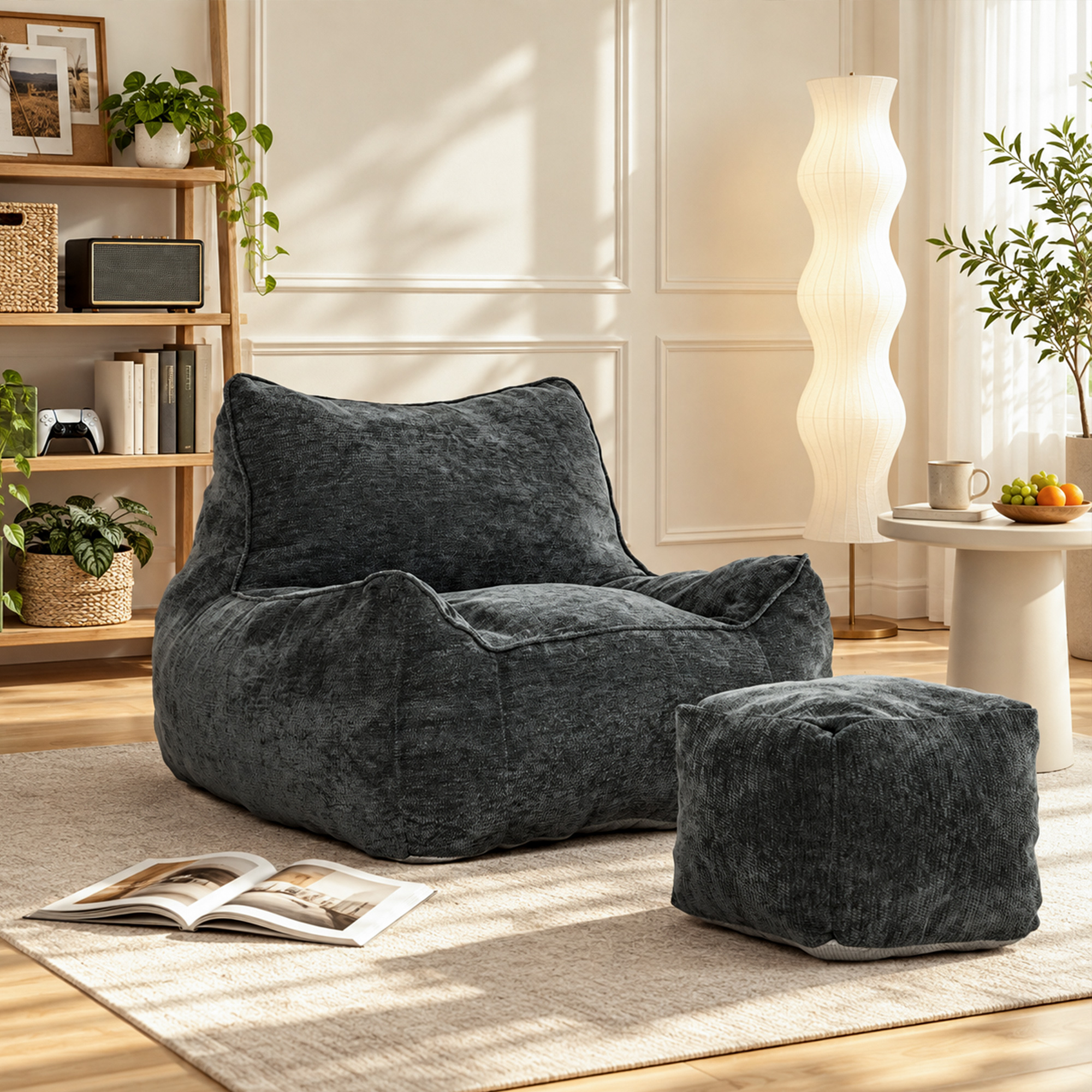 Bodensessel mit Ottoman, rahmenloser Cloud-Sessel aus Chenille, mit Rückenlehne und Armlehnen