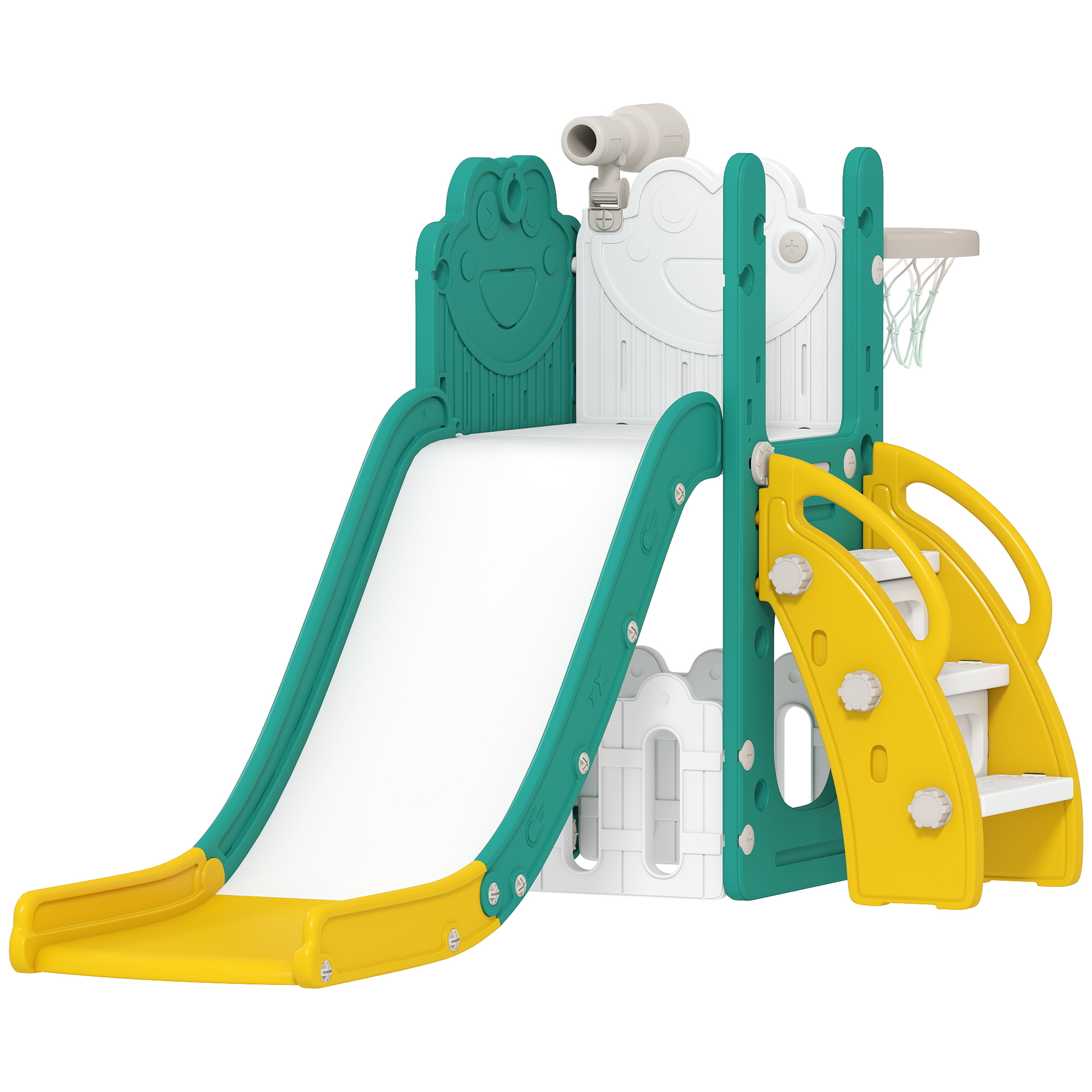 5-in-1 Kinderrutschenset, Teleskop, Basketballkorb, Kunststoff, Gelb+Grün 5-in-1 Kinderrutschenset, Teleskop, Basketballkorb, Kunststoff, Gelb+Grün