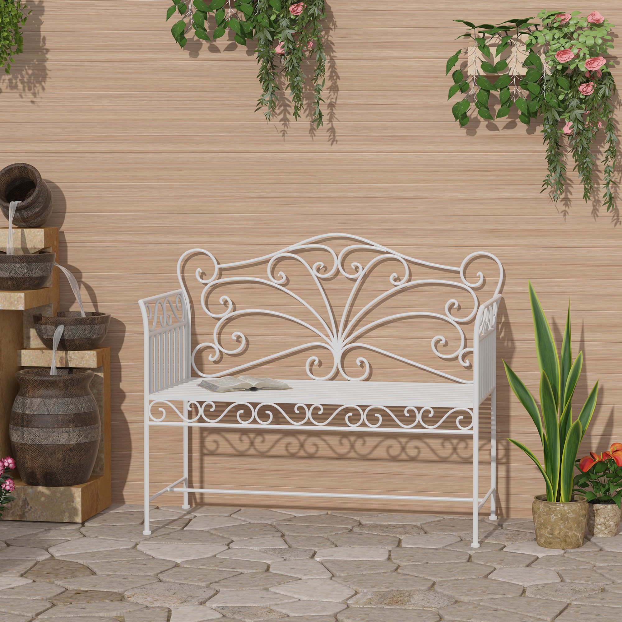 2-Sitzer Gartenbank robust, Parkbank rostfrei Sitzbank Bank Gartenmöbel 111 x 50 x 98cm, Weiß