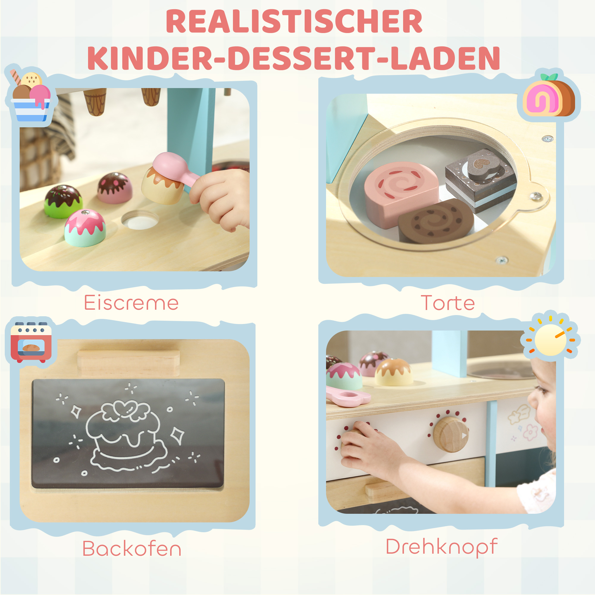 Eiswagen für Kinder Eisdiele Kinder 17 Stück Eis Kinderküche mit 17 Zubehörteile, Ofen, MDF, Hellblau