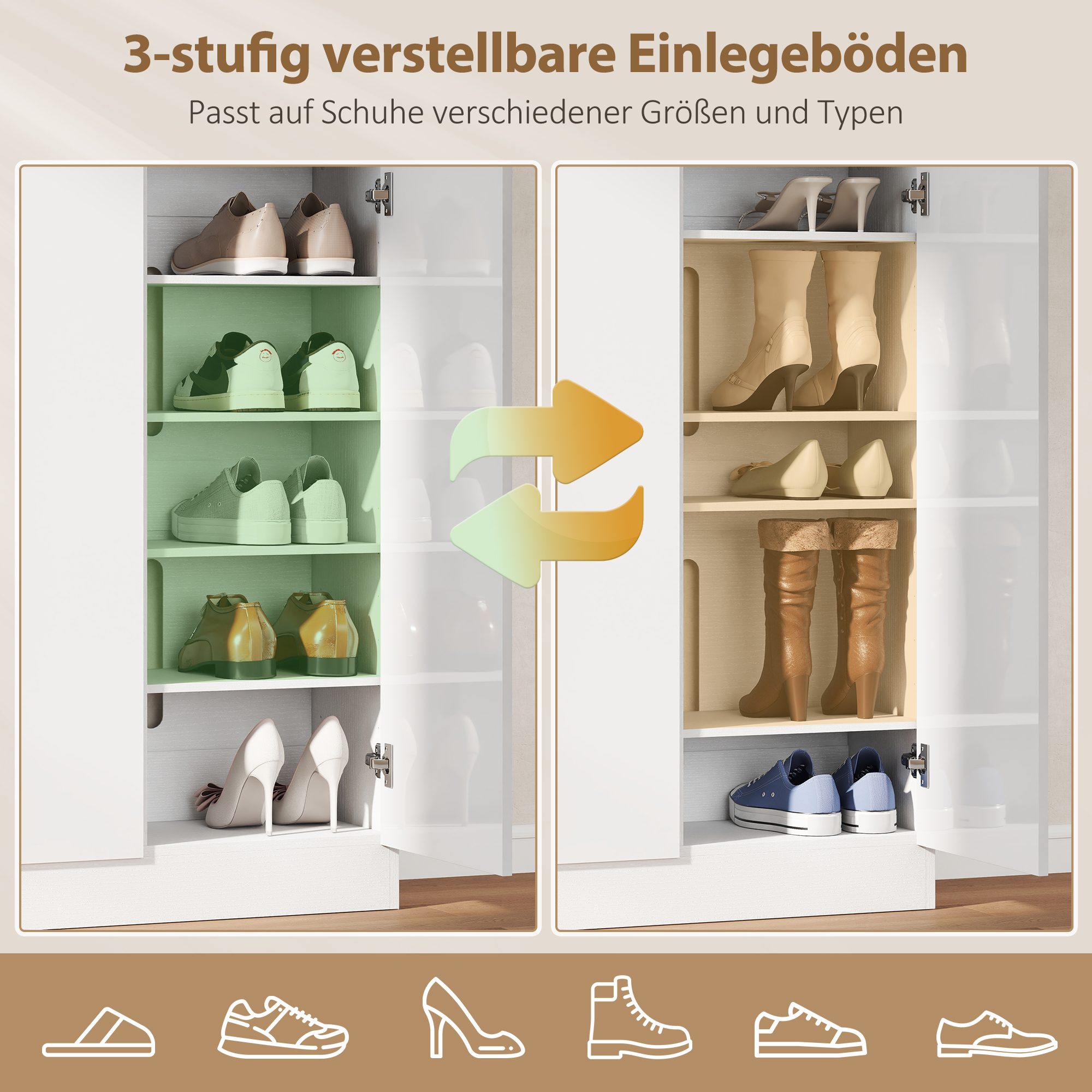 Schuhschrank mit 10 Regalen für 25-30 Schuh-Paare, Lüftungslöcher, Soft-Close-Türen, Holz, Weiß