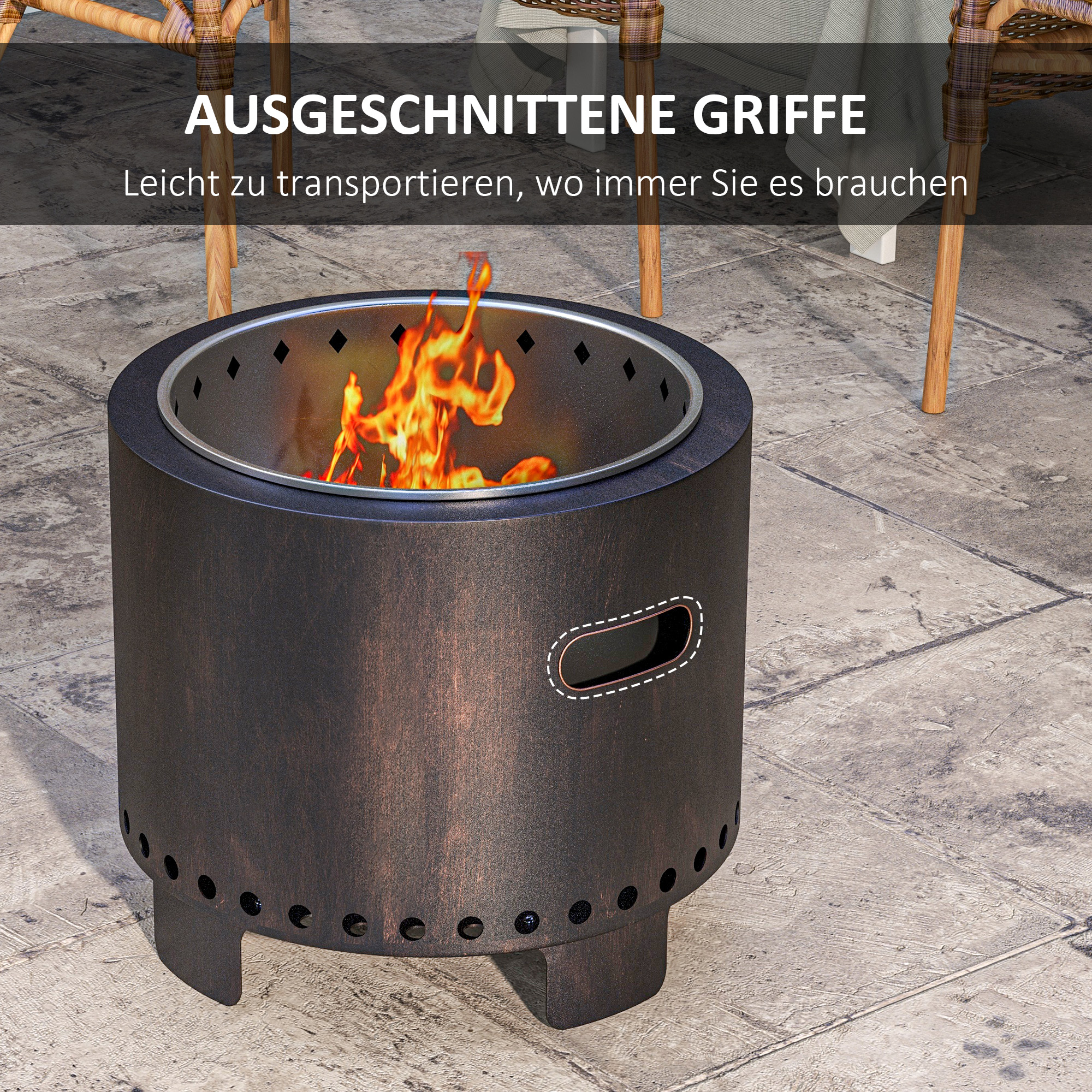 Feuerschale Feuerstelle Feuertonne, wetterbeständig, 45 x 45 x 42 cm, Schwarz + Bronze
