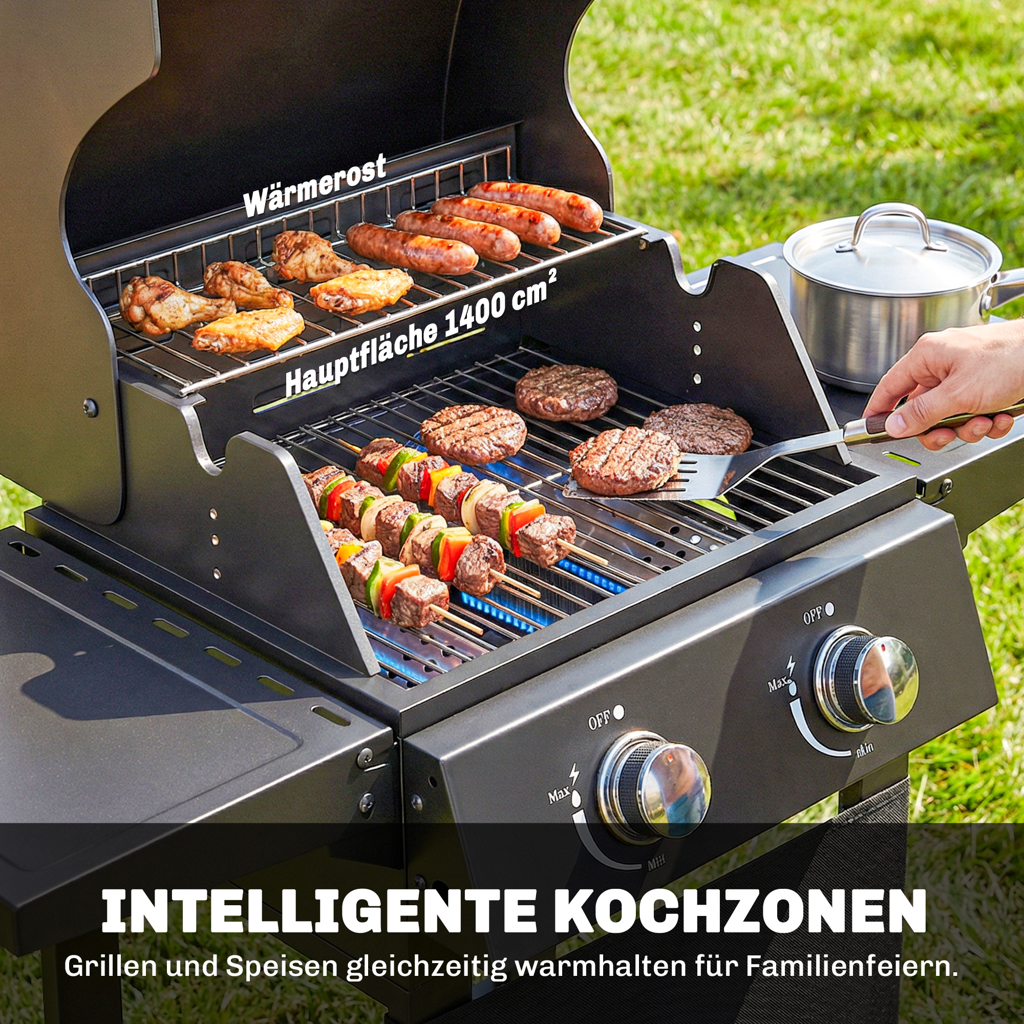 Gasgrill 5,4 KW 2 Brenner Stahl BBQ Grillwagen inkl klappbar Seitentisch Thermometer verchromter Grillrost Warmhalterost