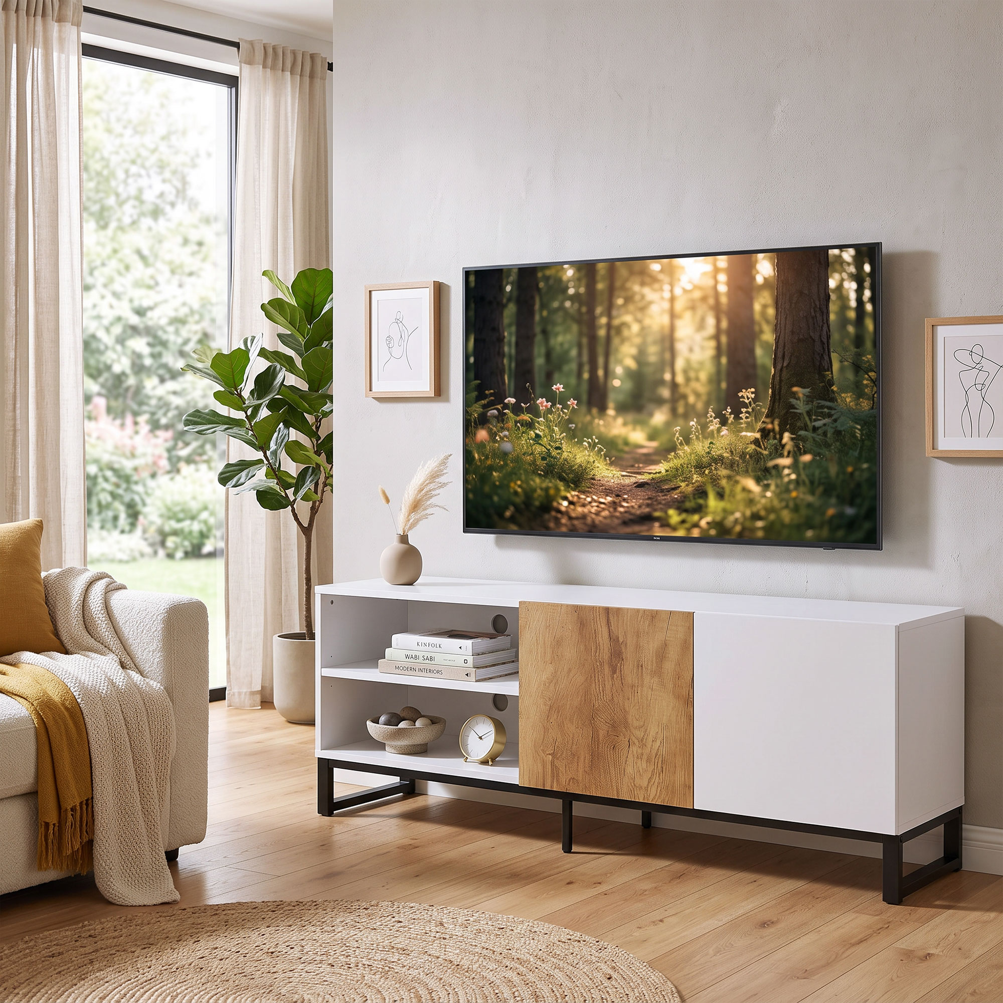 TV-Schrank für Fernseher bis 55 Zoll, modernes TV-Lowboard mit verstellbaren Einlegeböden, Weiß